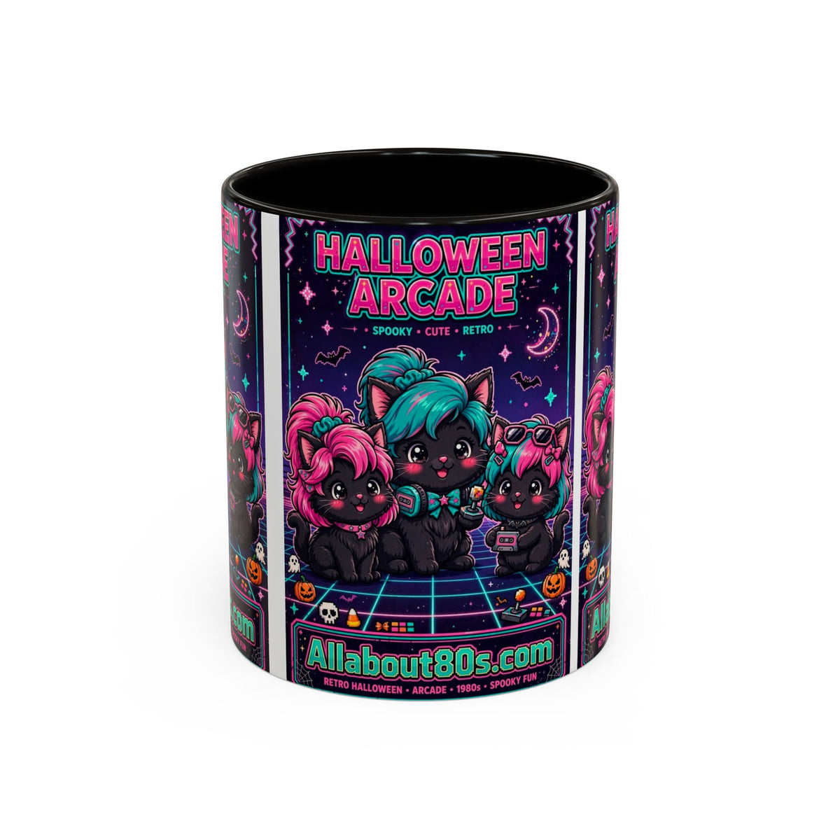 Halloween Arcade Mug — Cute Retro 80s Cat Gamers (11oz/15oz)