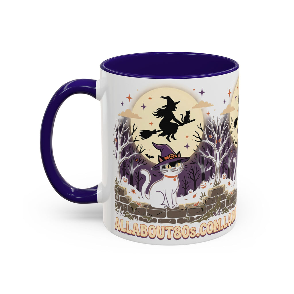Halloween Cat Witch Mug – Cute Witch Hat Cat with Flying Witch Silhouette (11oz/15oz)