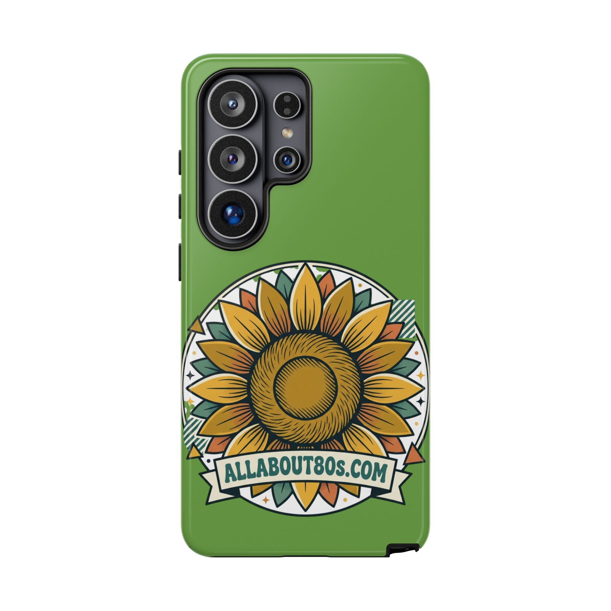 Sunflower Tough Phone Case – Green Floral Protective Case with "AllAbout80s.com" Banner
