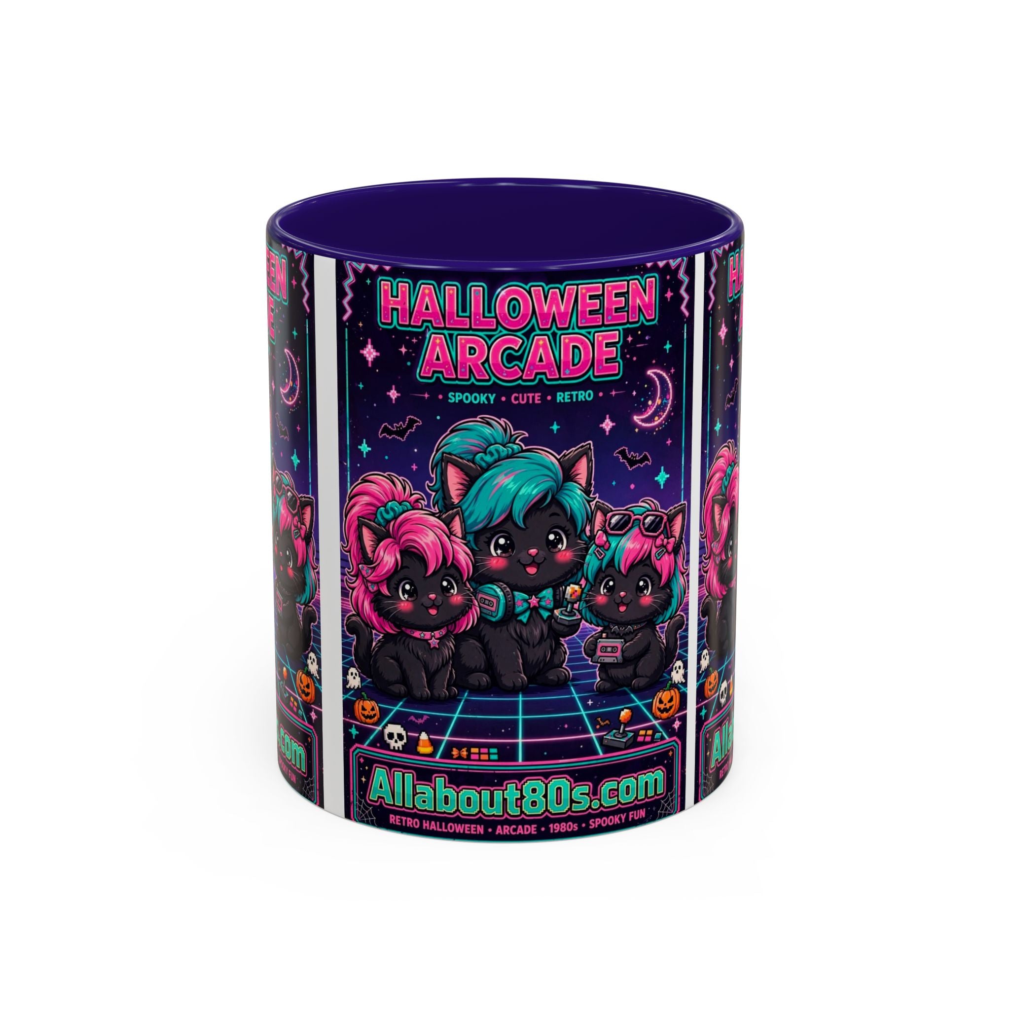 Halloween Arcade Mug — Cute Retro 80s Cat Gamers (11oz/15oz)