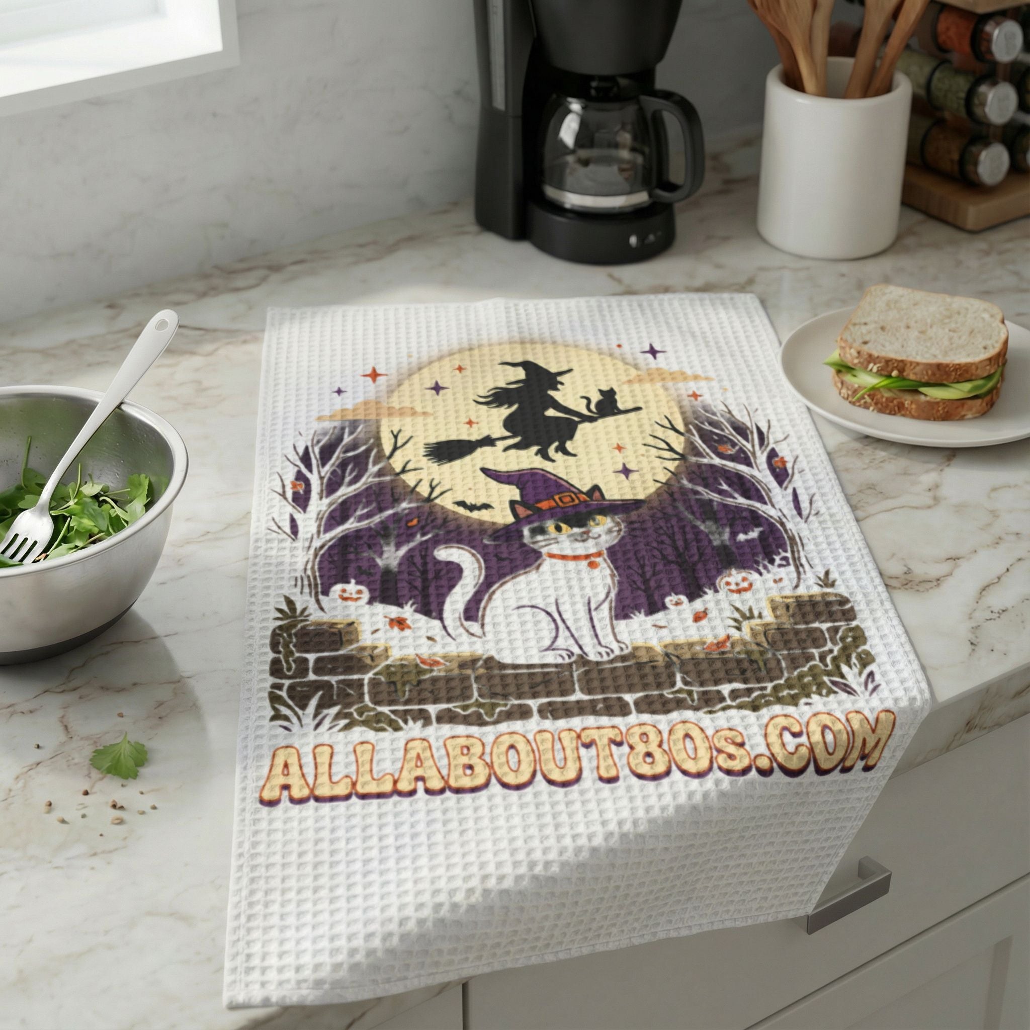 Halloween Cat Witch Waffle Weave Kitchen Towel