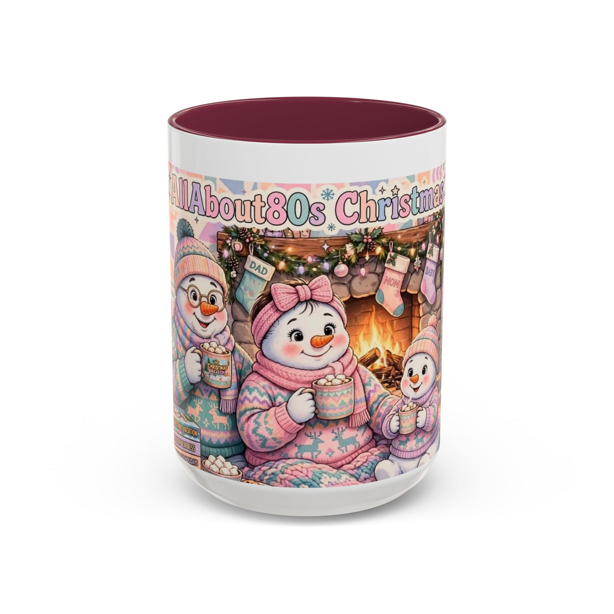 Cute Snowman Christmas Mug — 'All About 80s Christmas' Colorful Holiday Coffee Cup (11oz/15oz)