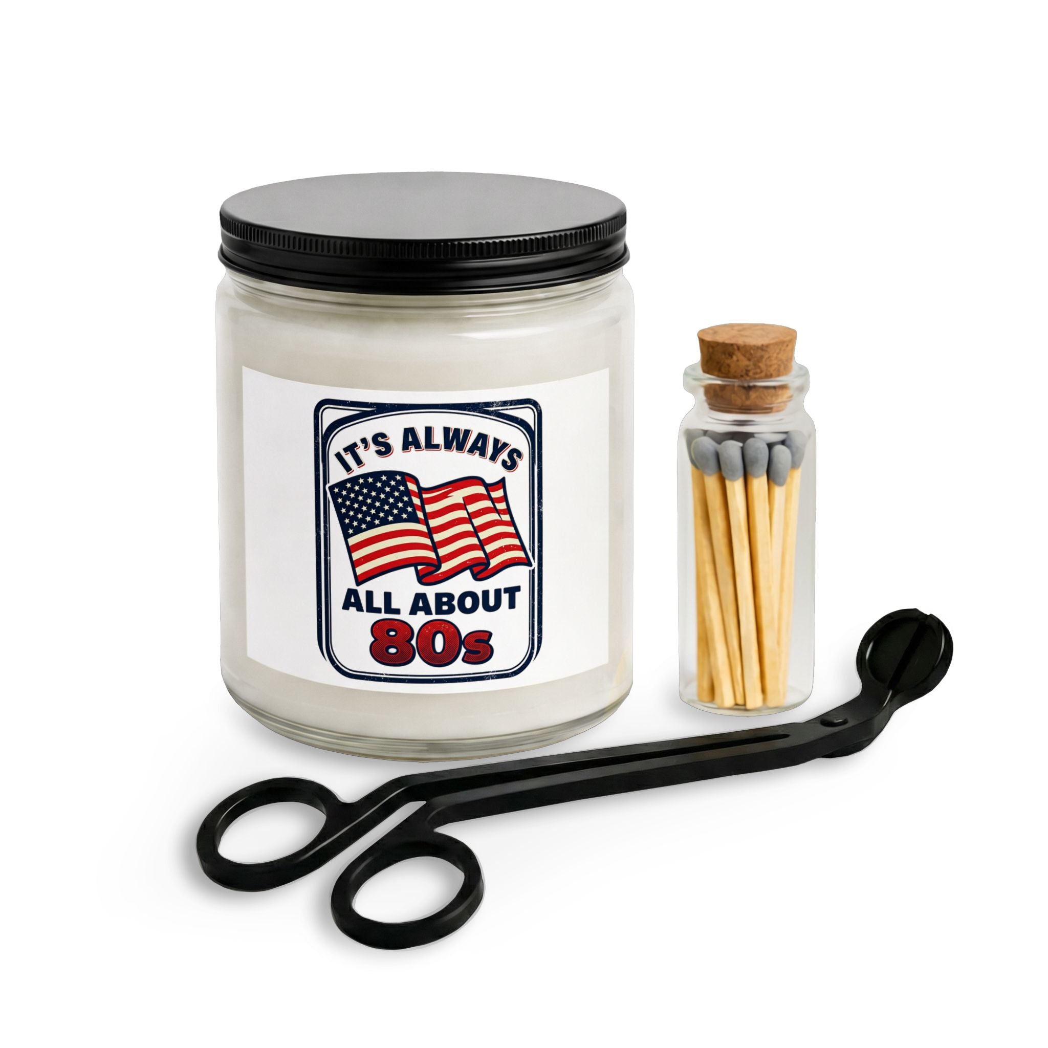 80s Retro Flag Candle Set — "It's Always All About 80s" with Matches & Wick Trimmer
