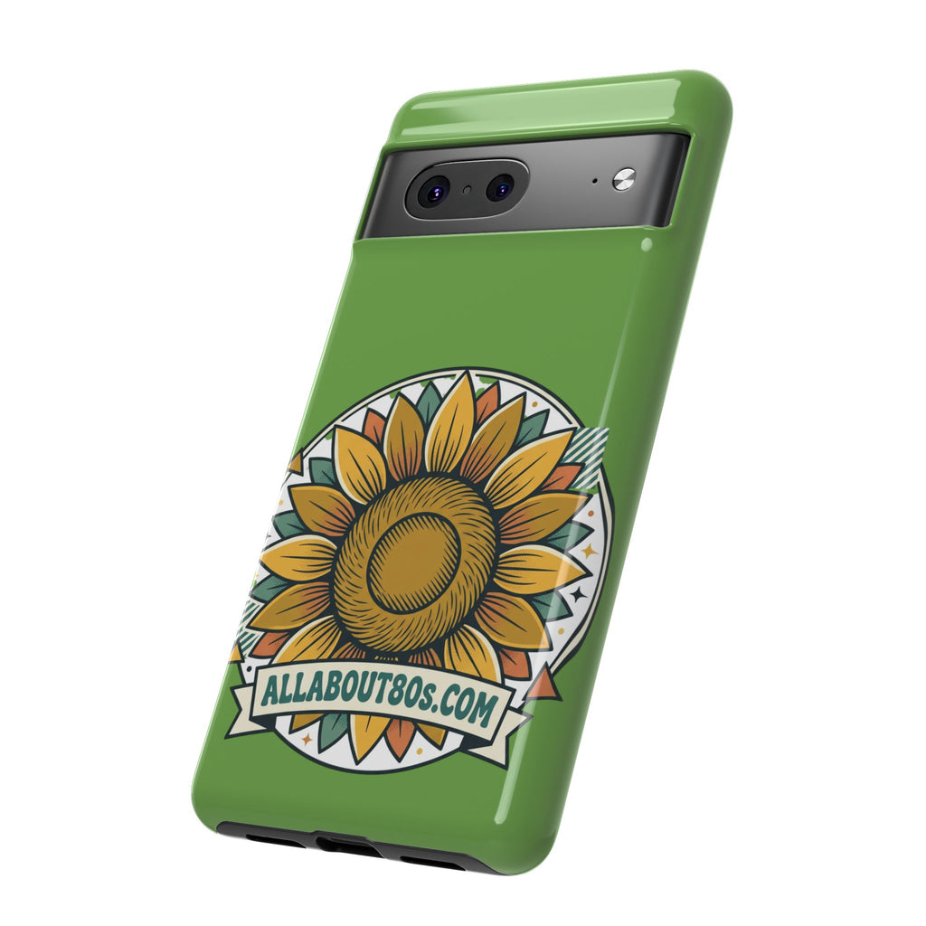 Sunflower Tough Phone Case – Green Floral Protective Case with "AllAbout80s.com" Banner