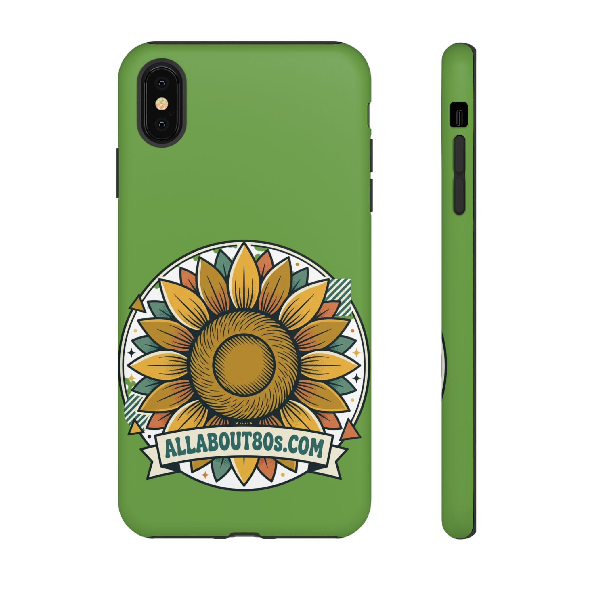 Sunflower Tough Phone Case – Green Floral Protective Case with "AllAbout80s.com" Banner