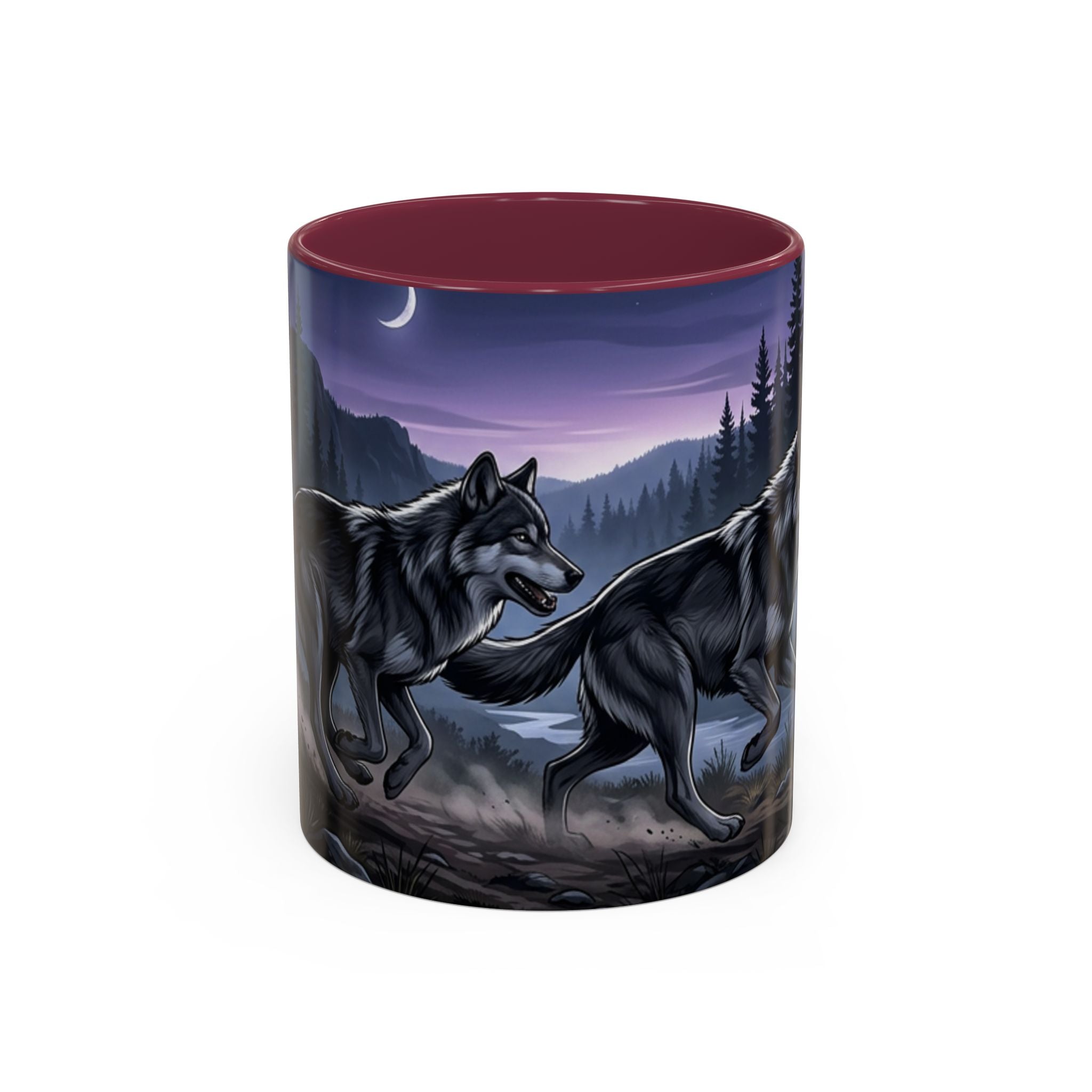 Wolf Pack Nightscape Mug — 11oz/15oz Scenic Black-Interior Coffee Cup