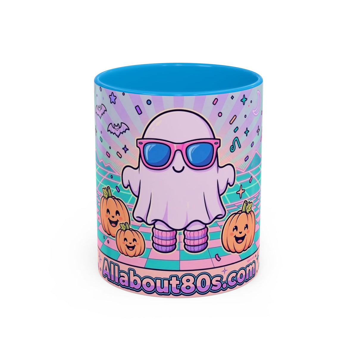 80s Vaporwave Ghost Coffee Mug — Cute Halloween Pumpkin Retro Design (11oz/15oz)