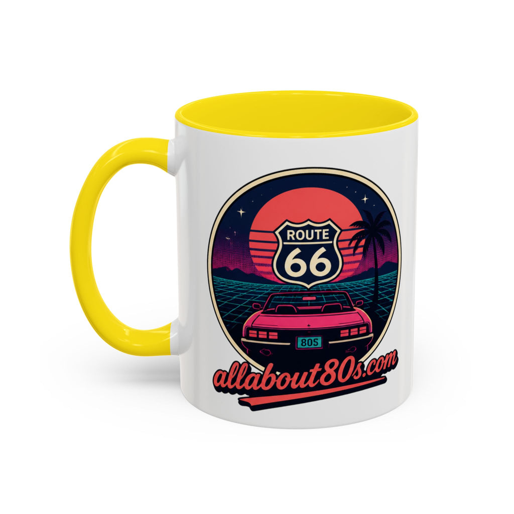 Route 66 Retro 80s Accent Coffee Mug — 'allabout80s' Vintage Sunset Design (11/15oz)