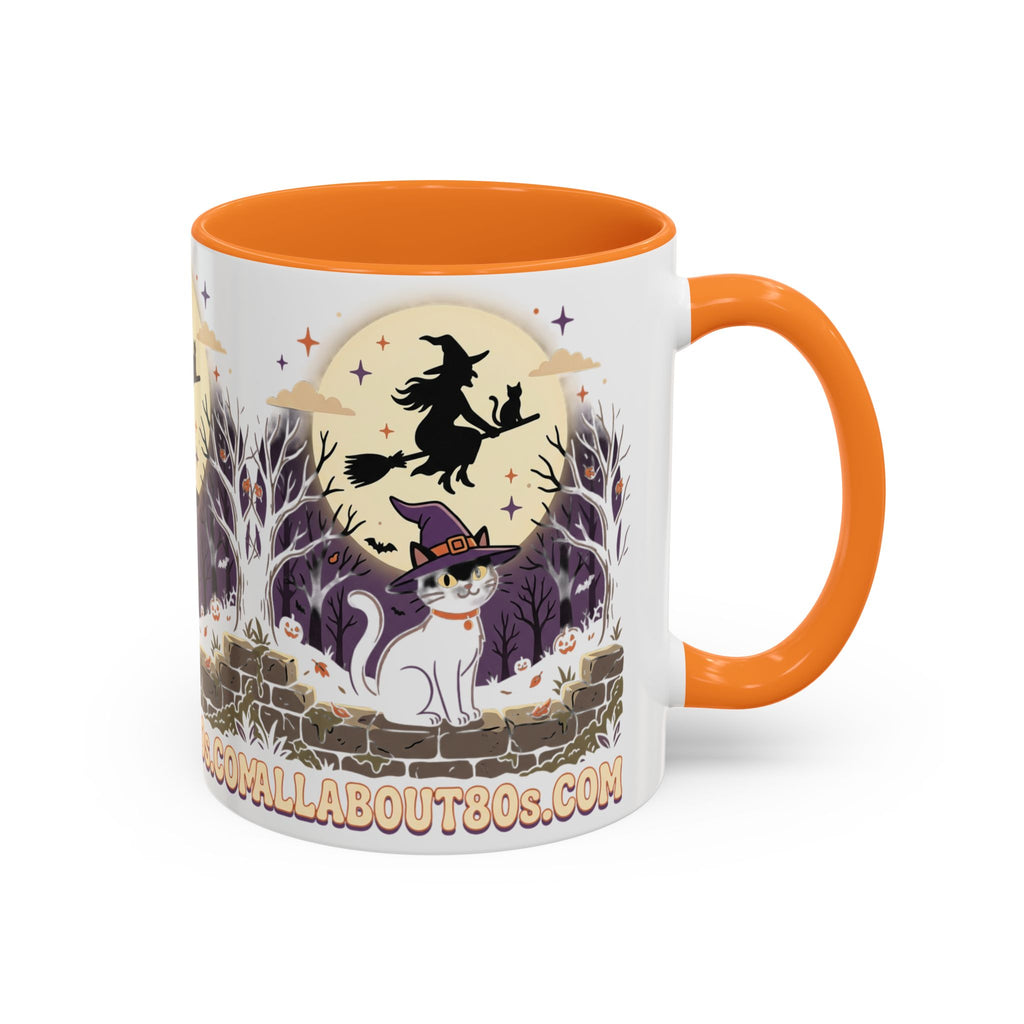 Halloween Cat Witch Mug – Cute Witch Hat Cat with Flying Witch Silhouette (11oz/15oz)