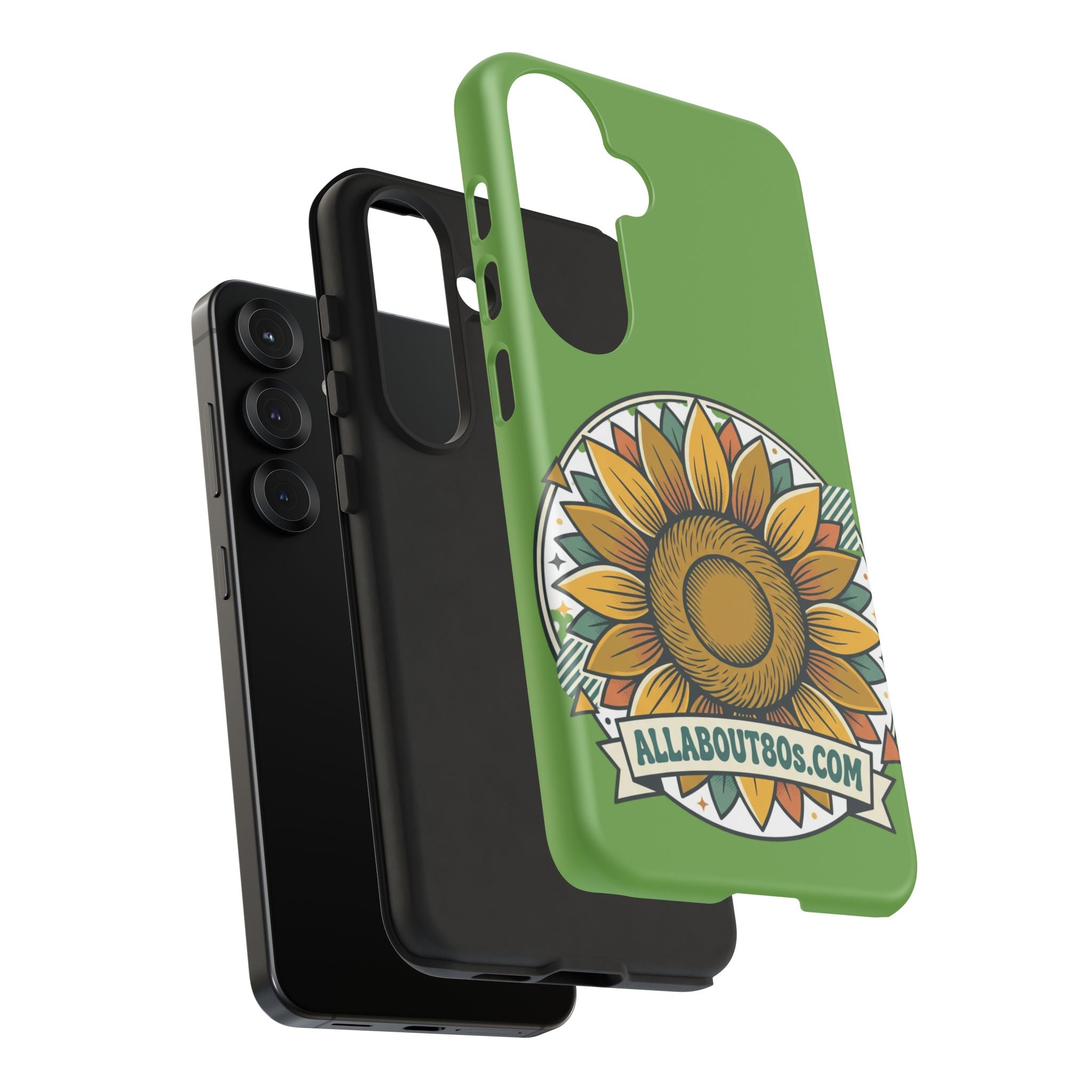 Sunflower Tough Phone Case – Green Floral Protective Case with "AllAbout80s.com" Banner