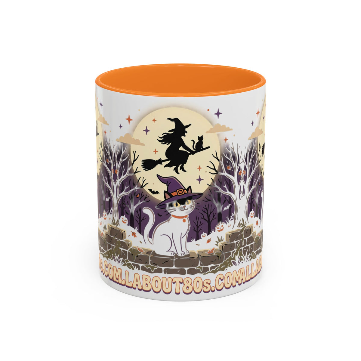 Halloween Cat Witch Mug – Cute Witch Hat Cat with Flying Witch Silhouette (11oz/15oz)