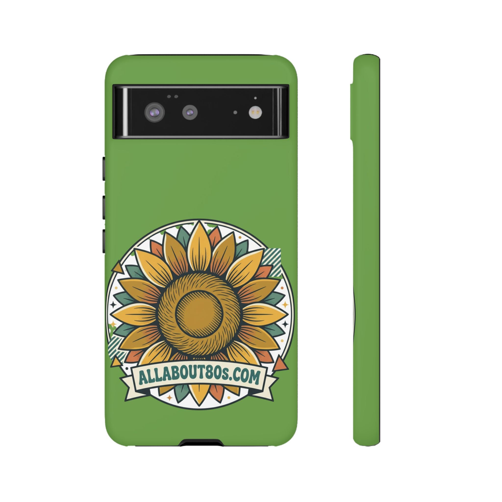 Sunflower Tough Phone Case – Green Floral Protective Case with "AllAbout80s.com" Banner