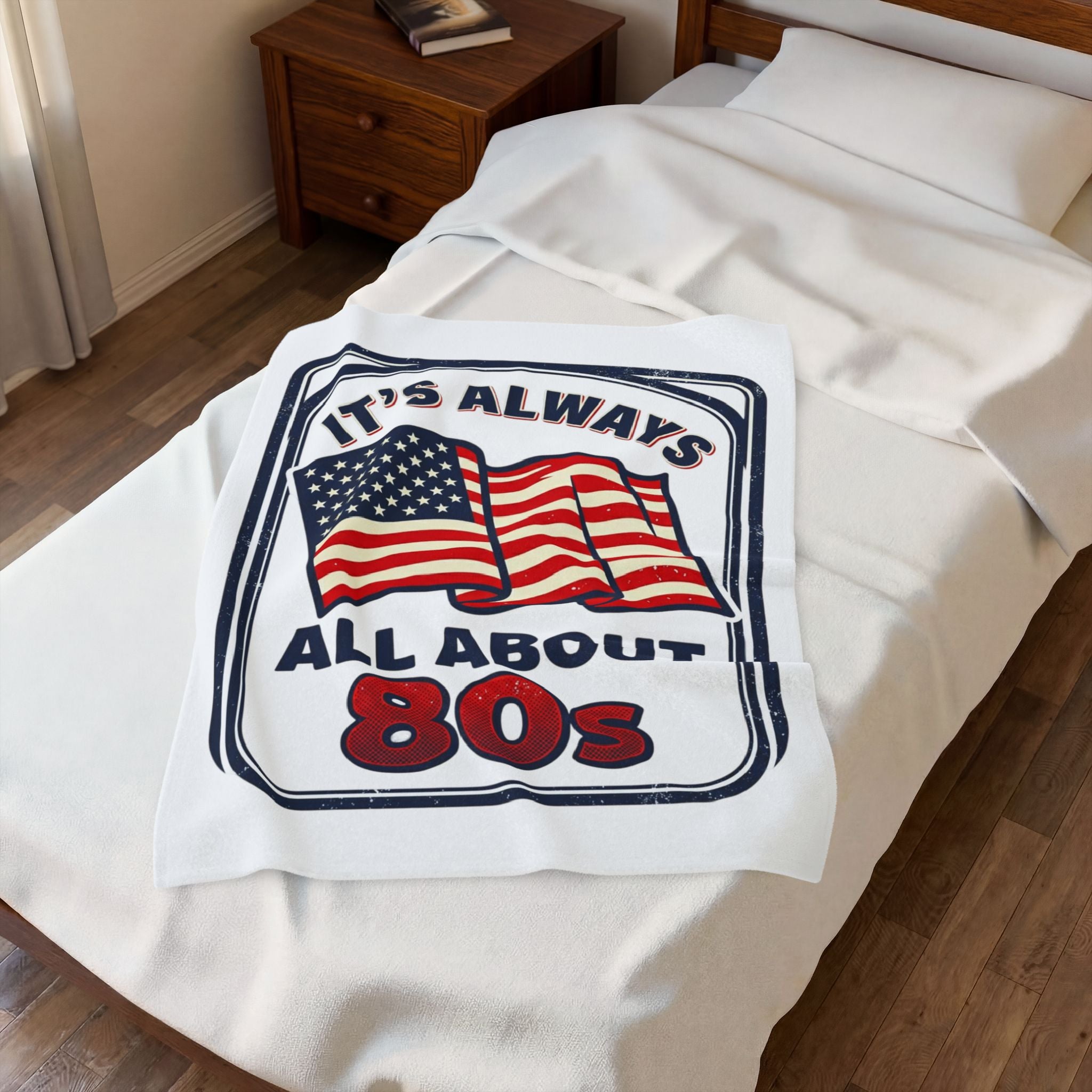 Retro American 80s Velveteen Plush Blanket — "It's Always All About 80s" Flag Throw