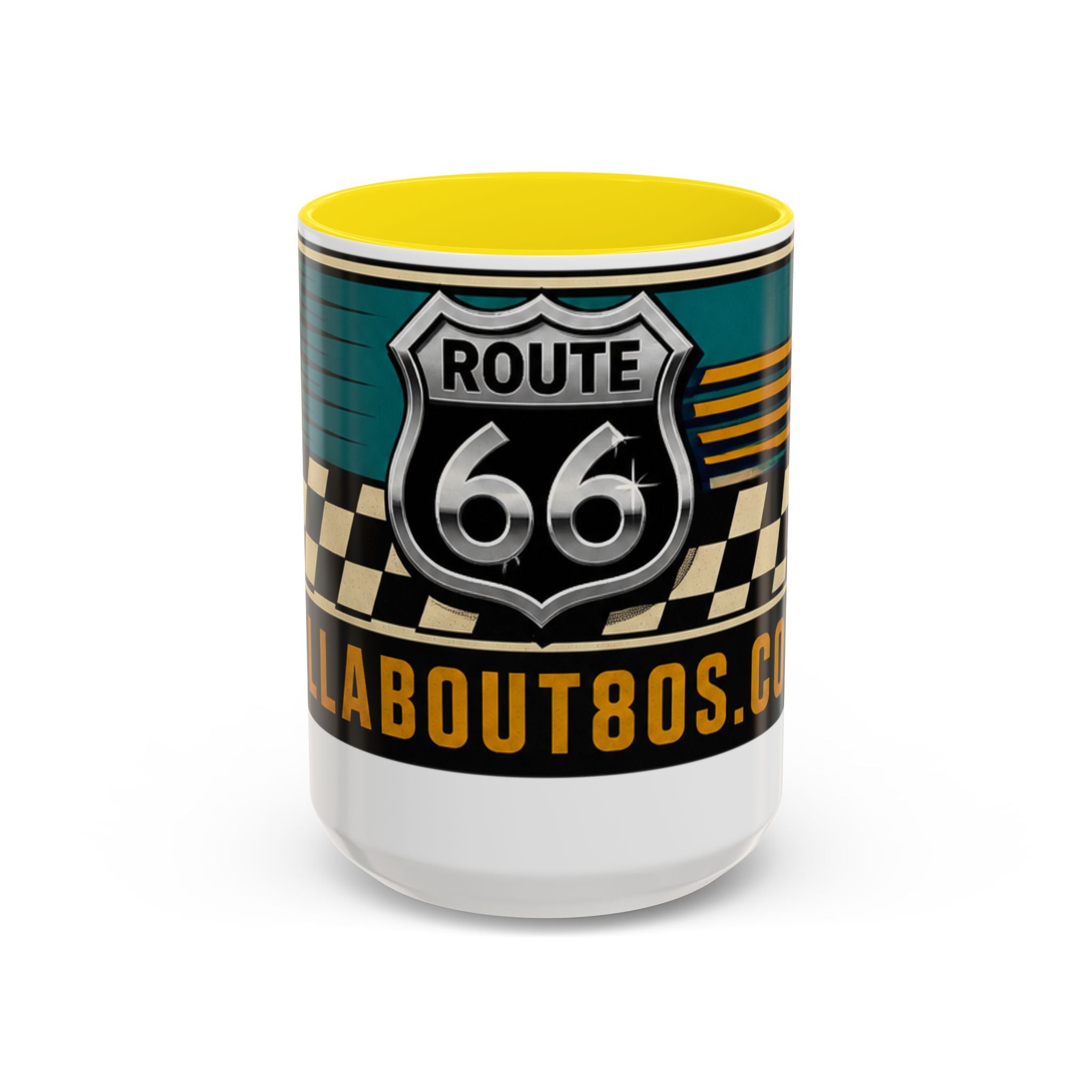 Route 66 Retro Checkerboard Coffee Mug — Vintage Road Trip 11/15oz Accent Mug
