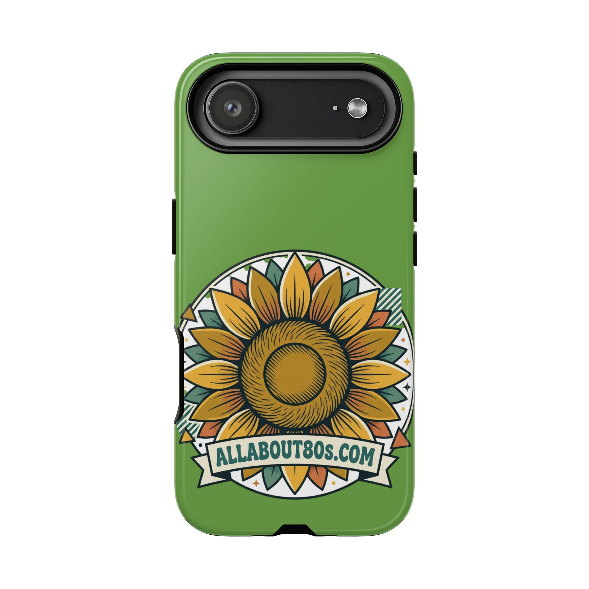 Sunflower Tough Phone Case – Green Floral Protective Case with "AllAbout80s.com" Banner