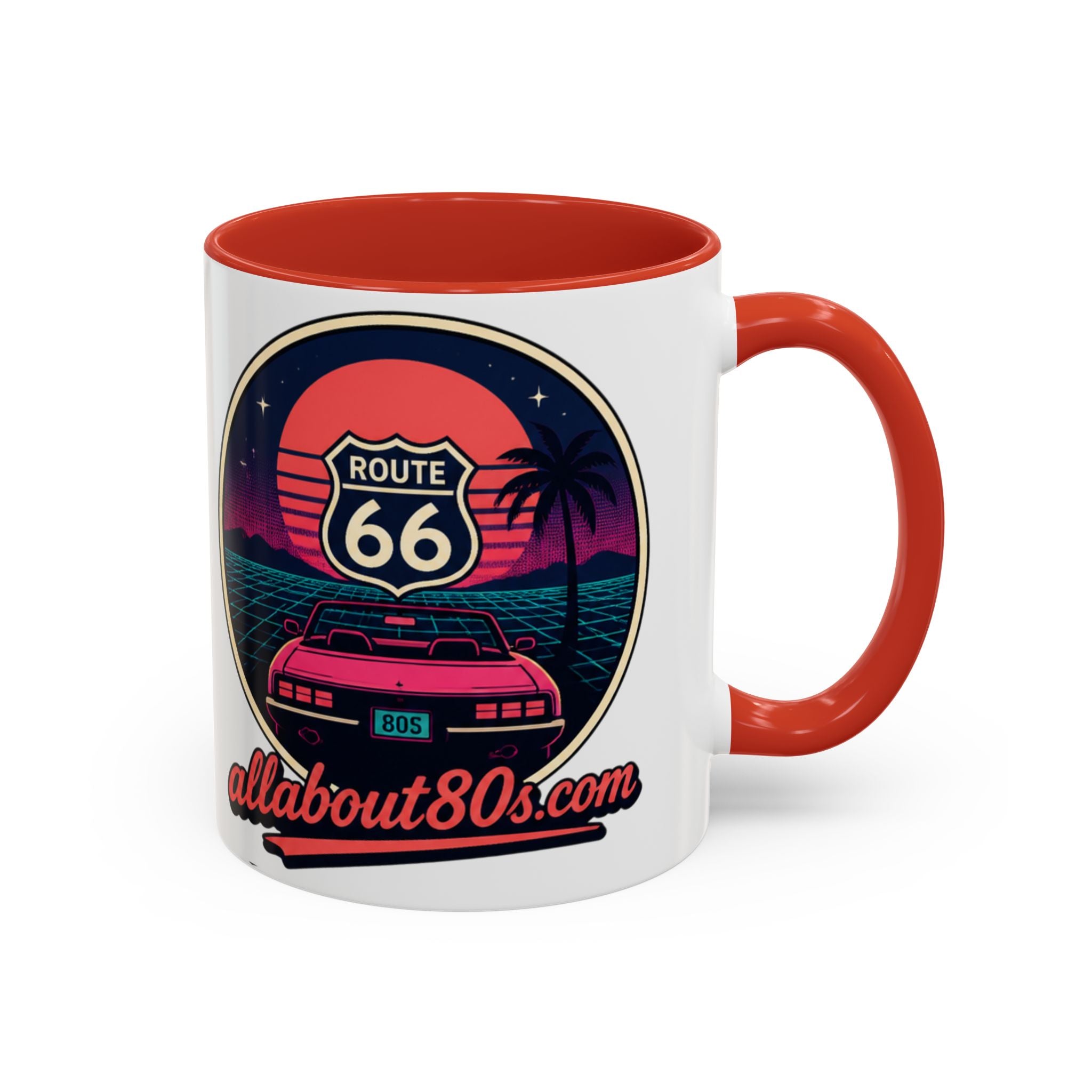 Route 66 Retro 80s Accent Coffee Mug — 'allabout80s' Vintage Sunset Design (11/15oz)