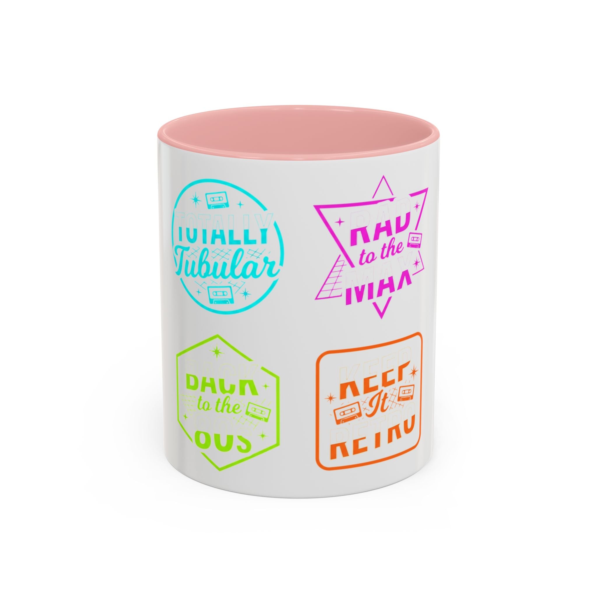 Retro Gamer Badge Accent Coffee Mug — Neon 'Totally Tubular' & 80s Gamer Icons (11/15oz)