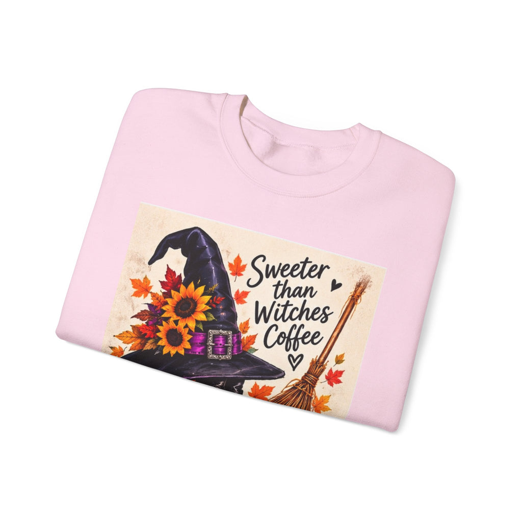 Sweater — 'Sweeter Than Witches Coffee' Halloween Witch Graphic Crewneck Sweatshirt