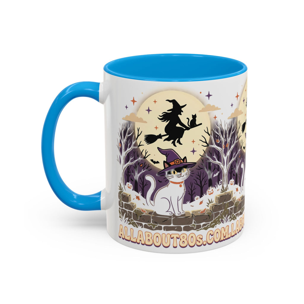 Halloween Cat Witch Mug – Cute Witch Hat Cat with Flying Witch Silhouette (11oz/15oz)