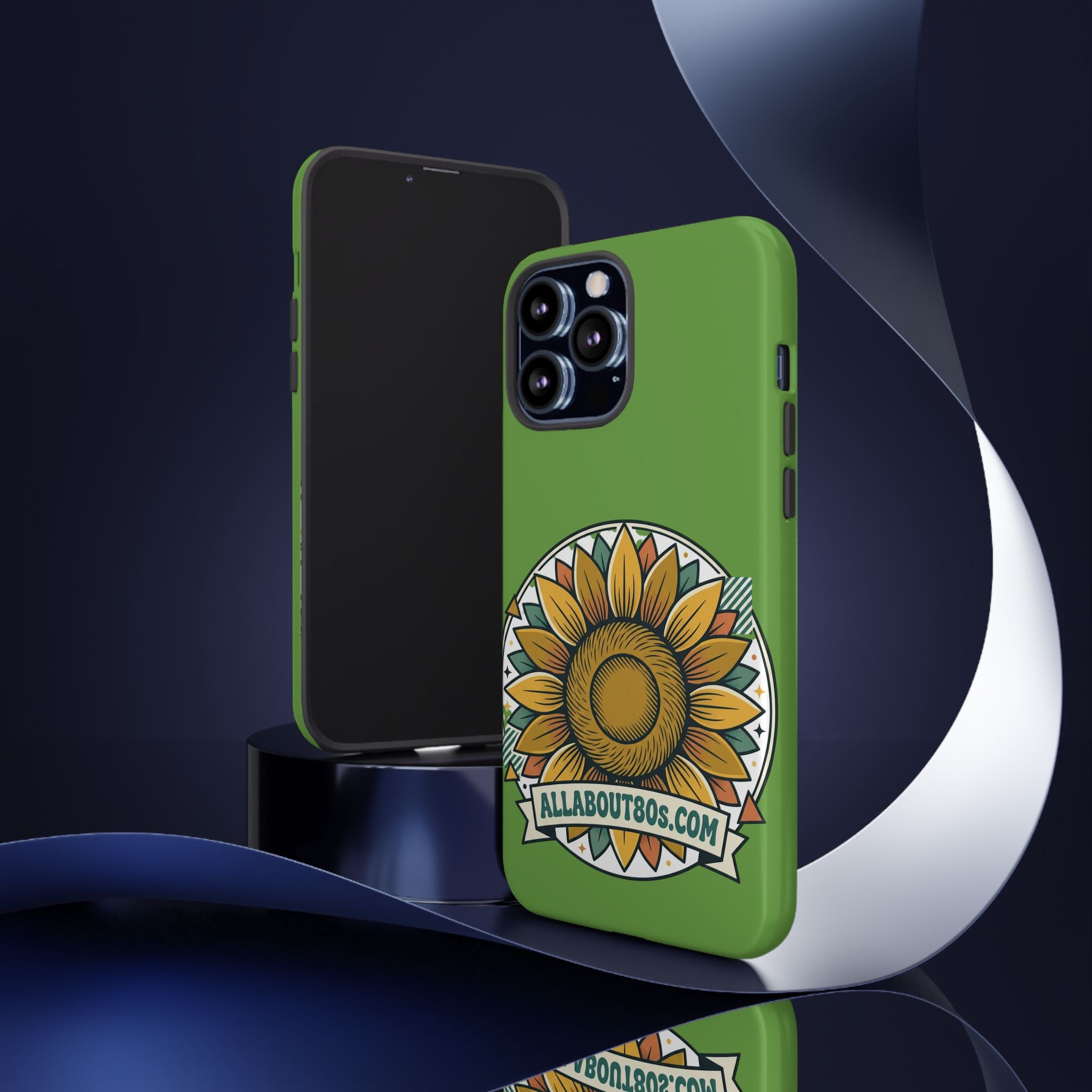 Sunflower Tough Phone Case – Green Floral Protective Case with "AllAbout80s.com" Banner