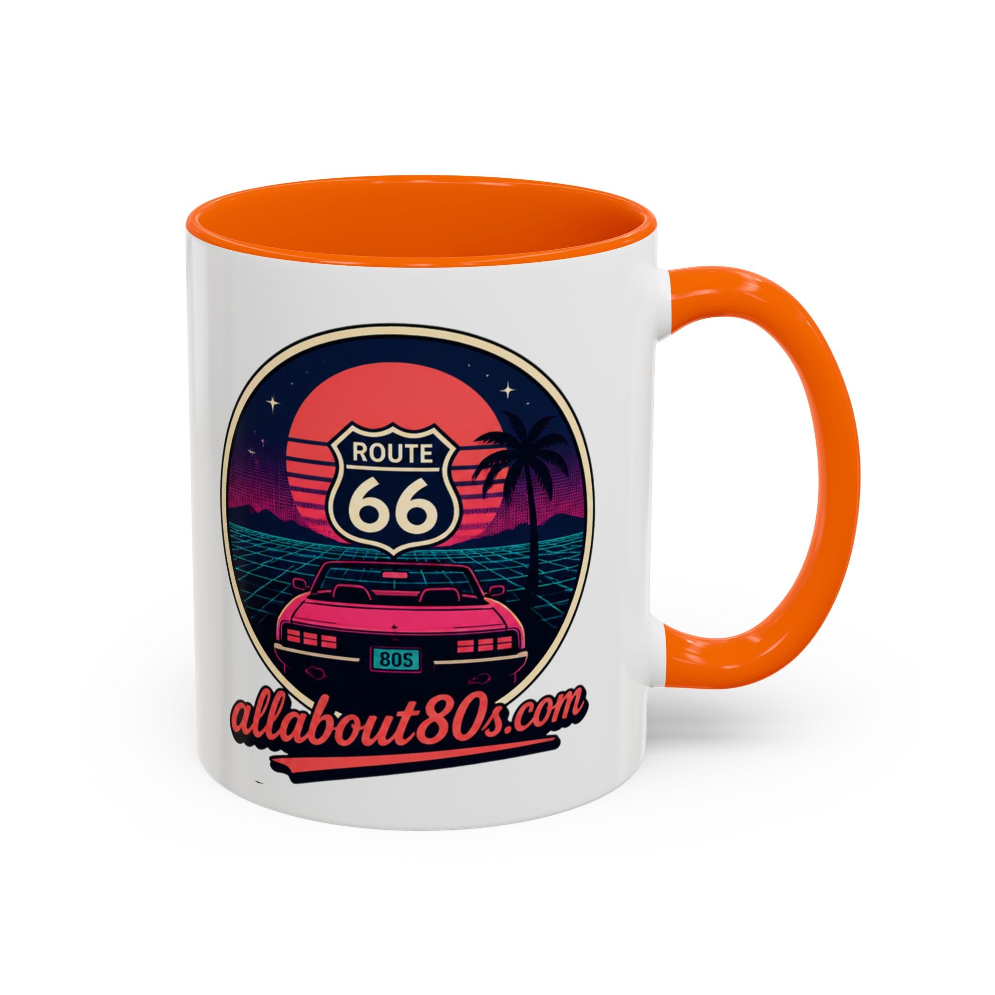 Route 66 Retro 80s Accent Coffee Mug — 'allabout80s' Vintage Sunset Design (11/15oz)