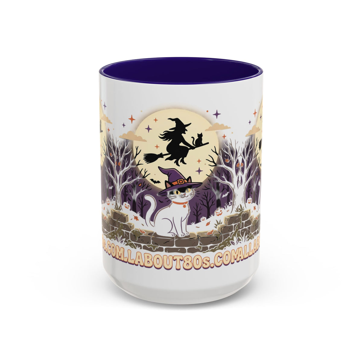 Halloween Cat Witch Mug – Cute Witch Hat Cat with Flying Witch Silhouette (11oz/15oz)