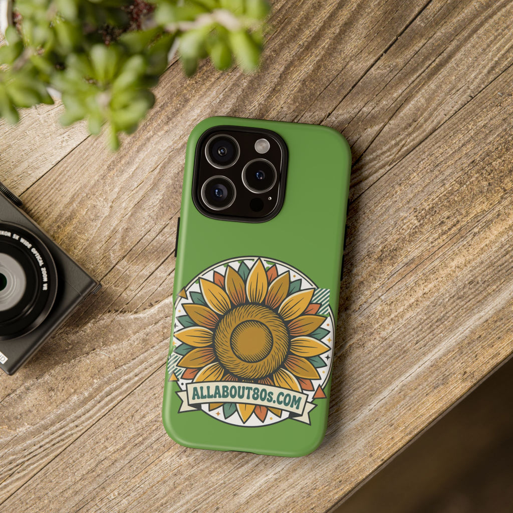 Sunflower Tough Phone Case – Green Floral Protective Case with "AllAbout80s.com" Banner