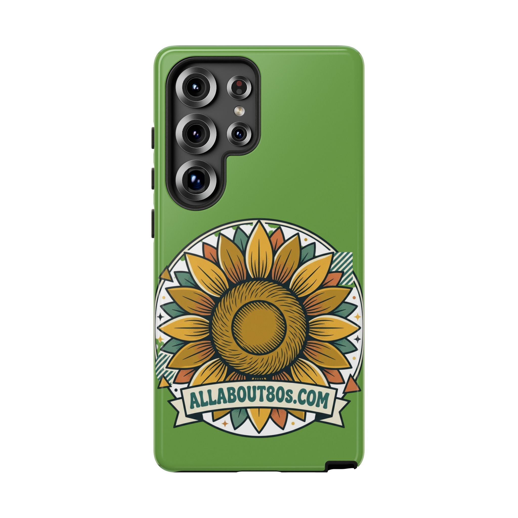 Sunflower Tough Phone Case – Green Floral Protective Case with "AllAbout80s.com" Banner