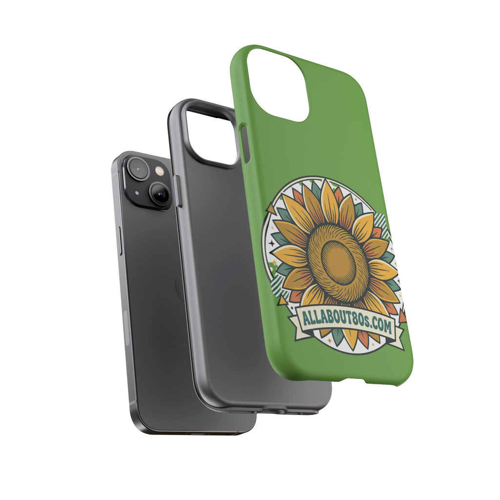 Sunflower Tough Phone Case – Green Floral Protective Case with "AllAbout80s.com" Banner