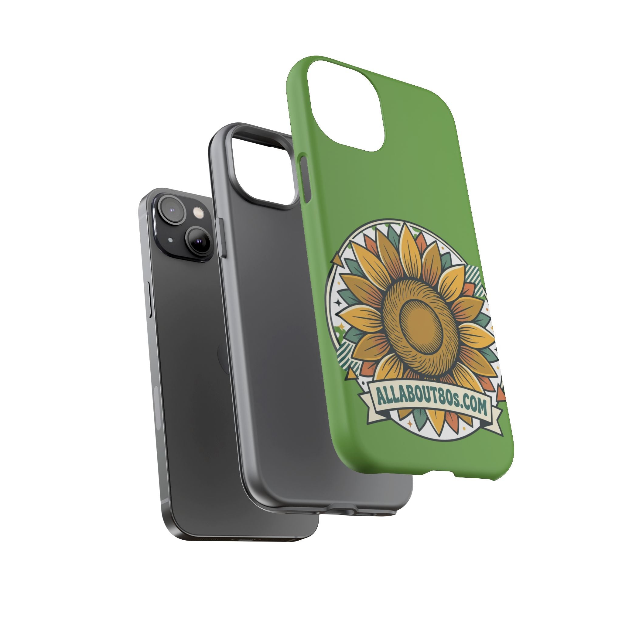 Sunflower Tough Phone Case – Green Floral Protective Case with "AllAbout80s.com" Banner