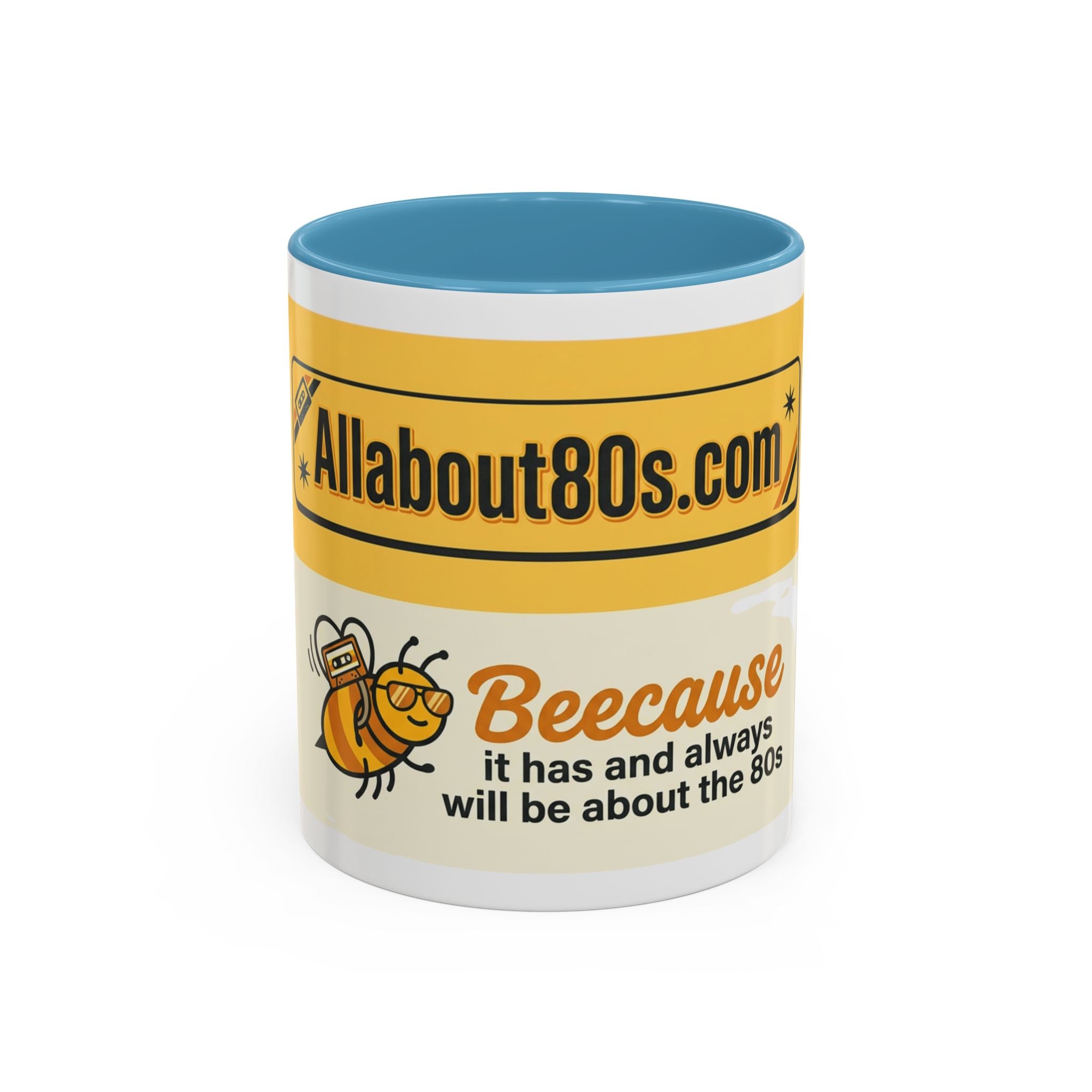 AllAbout80s 'Beecause' Accent Coffee Mug – Retro 80s Bee Design (11/15oz)
