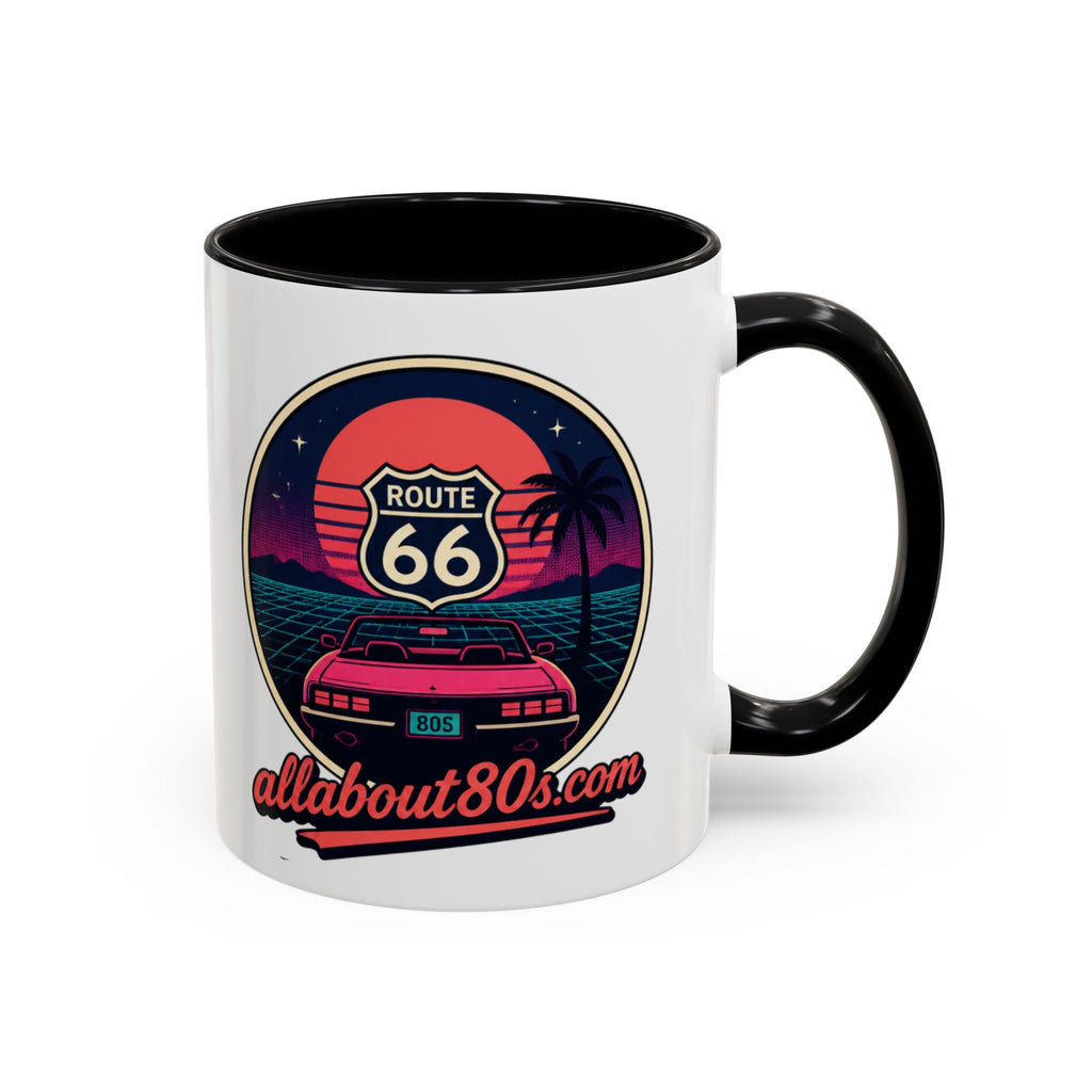 Route 66 Retro 80s Accent Coffee Mug — 'allabout80s' Vintage Sunset Design (11/15oz)
