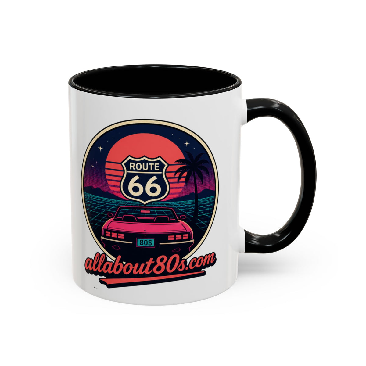 Route 66 Retro 80s Accent Coffee Mug — 'allabout80s' Vintage Sunset Design (11/15oz)