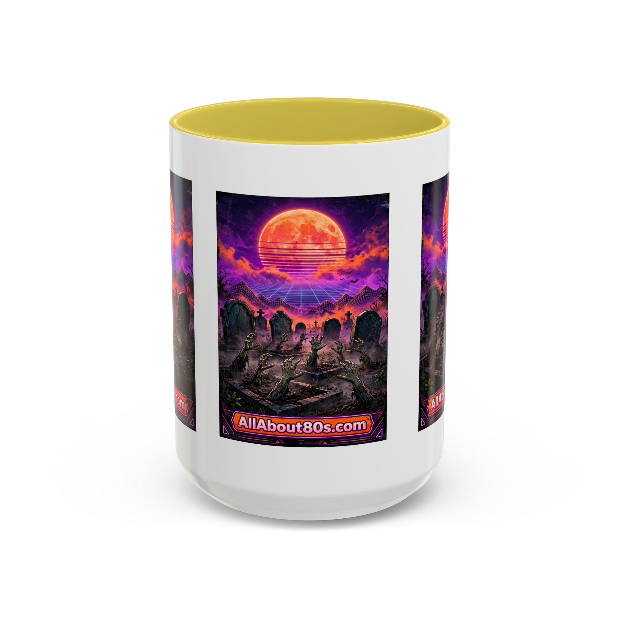 80s Retro Graveyard Sunset Mug — Vaporwave Neon Coffins Coffee Cup (11oz/15oz)
