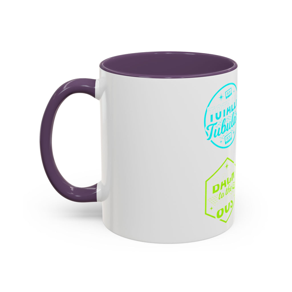 Retro Gamer Badge Accent Coffee Mug — Neon 'Totally Tubular' & 80s Gamer Icons (11/15oz)