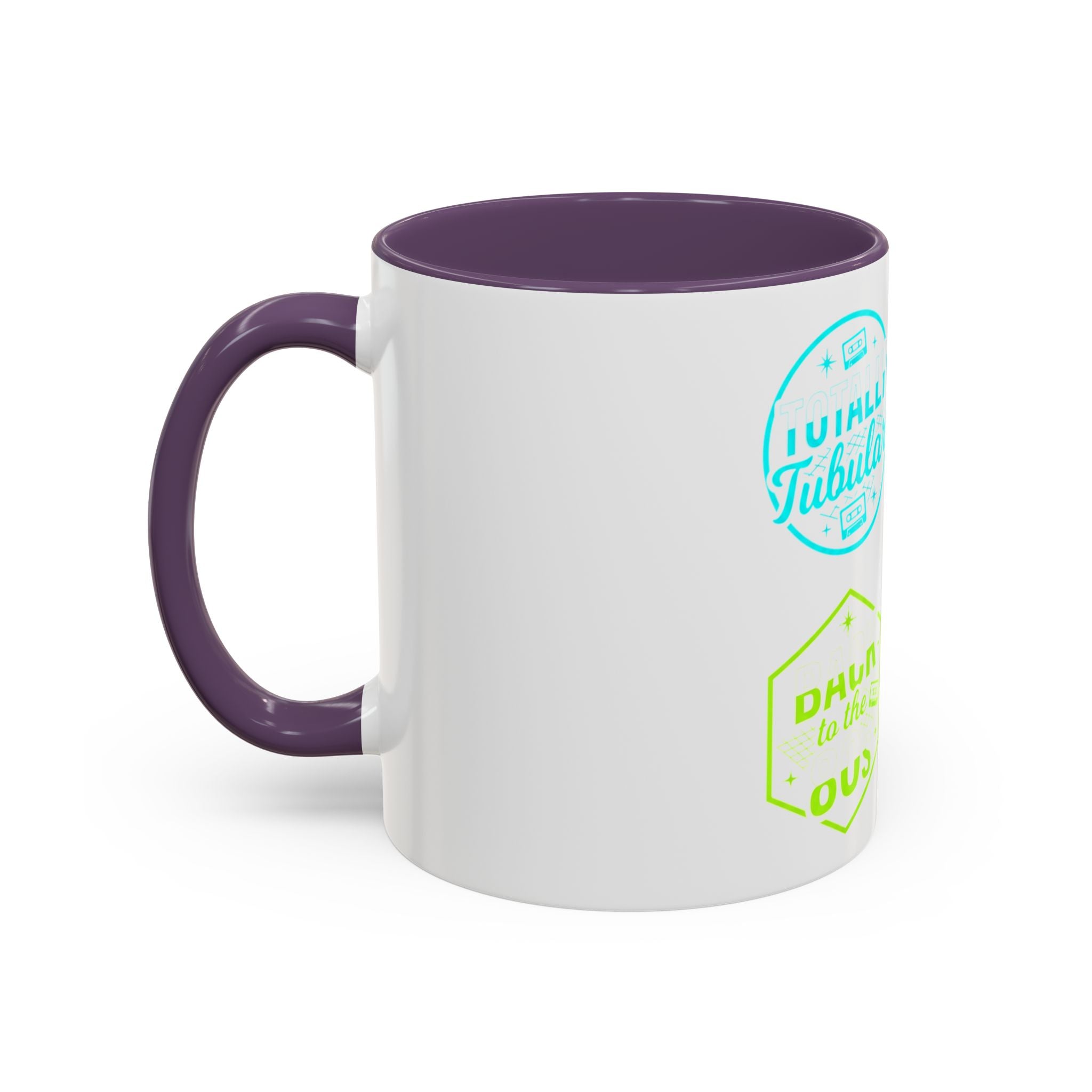 Retro Gamer Badge Accent Coffee Mug — Neon 'Totally Tubular' & 80s Gamer Icons (11/15oz)