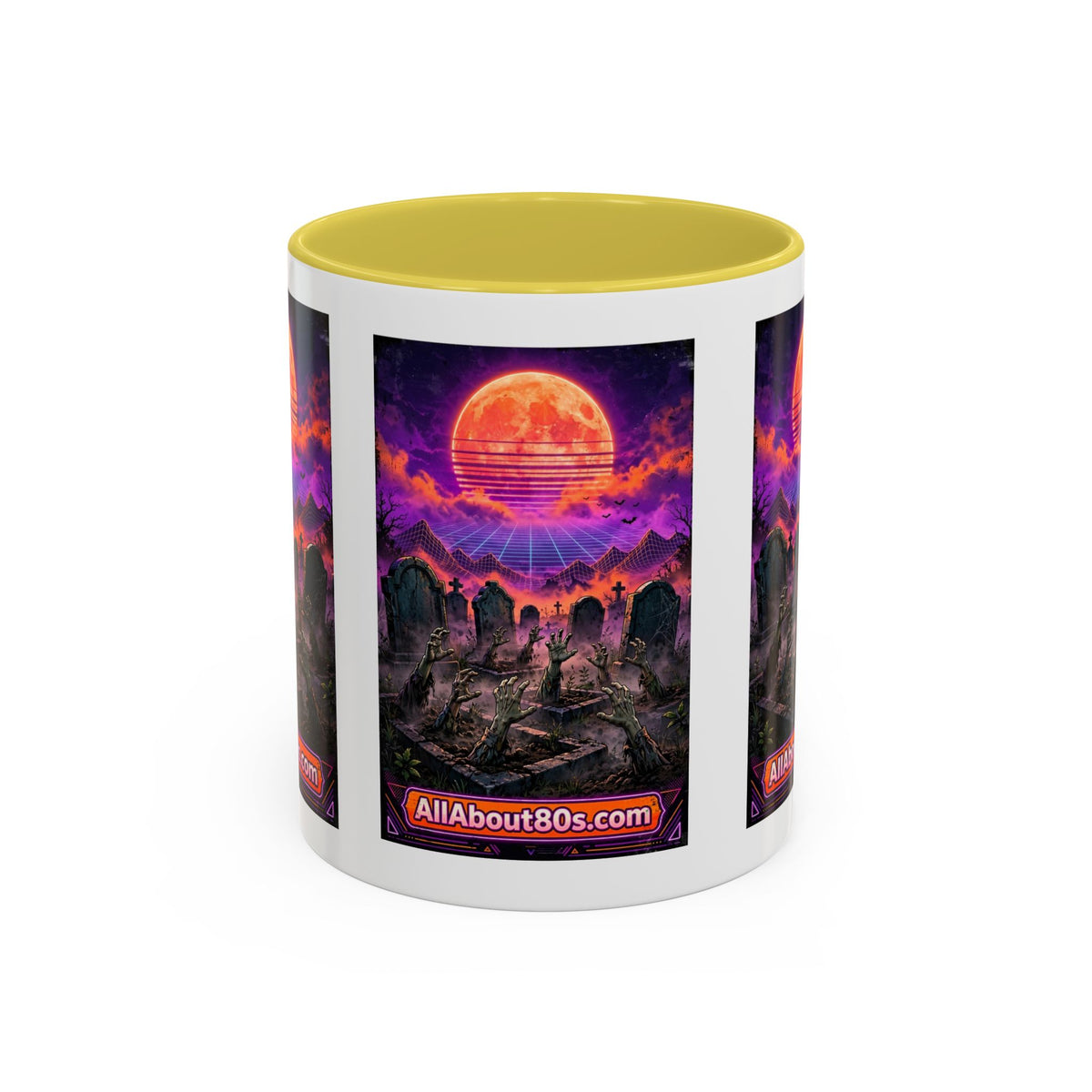 80s Retro Graveyard Sunset Mug — Vaporwave Neon Coffins Coffee Cup (11oz/15oz)