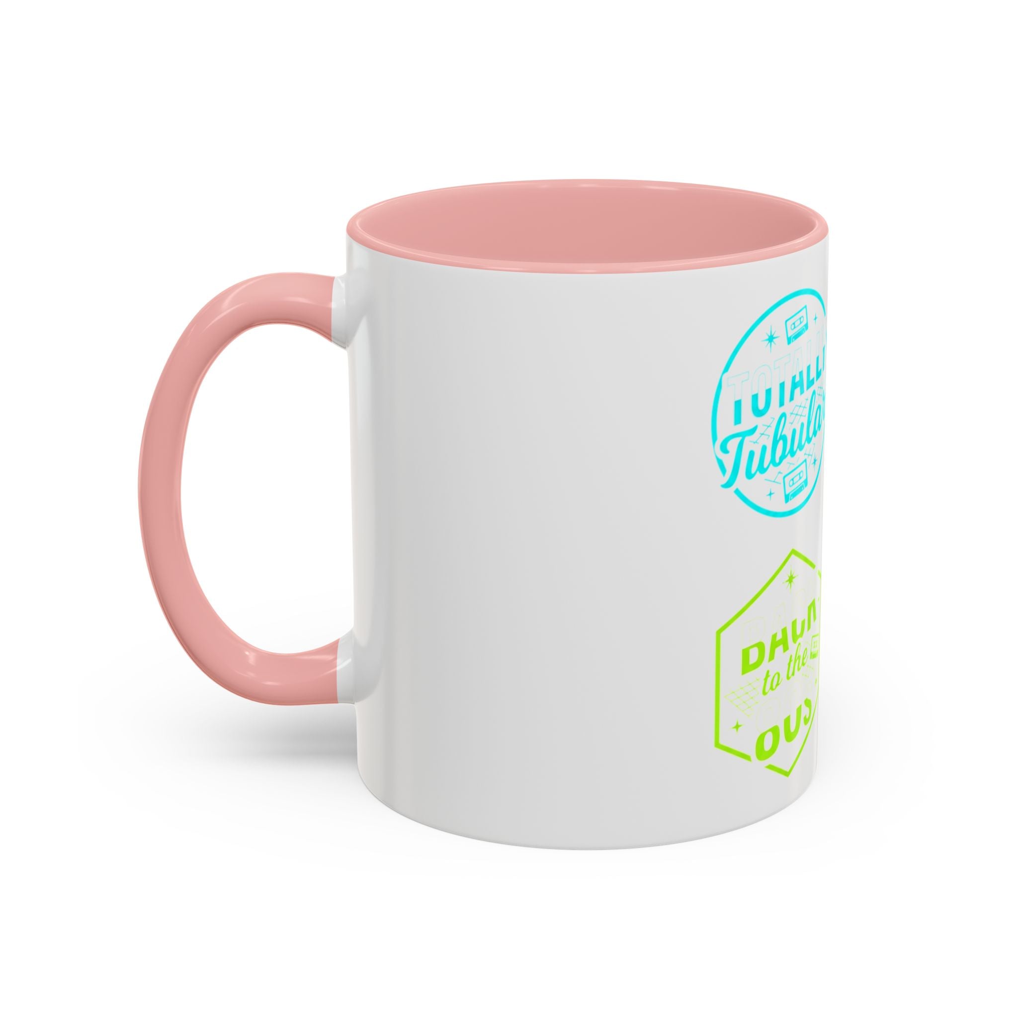 Retro Gamer Badge Accent Coffee Mug — Neon 'Totally Tubular' & 80s Gamer Icons (11/15oz)