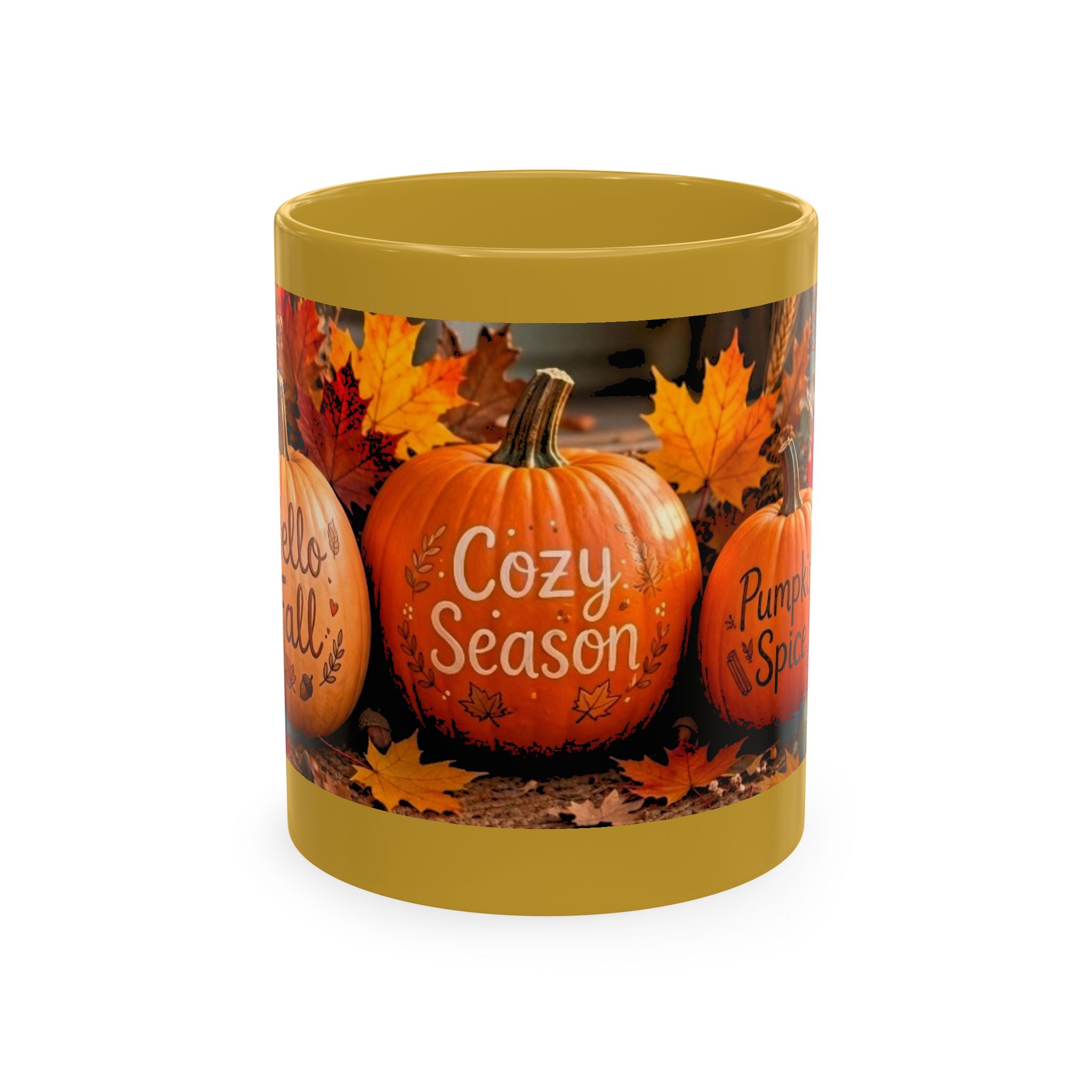 Hello Fall Ceramic Mug — Cozy Pumpkin & Autumn Leaves Coffee Cup