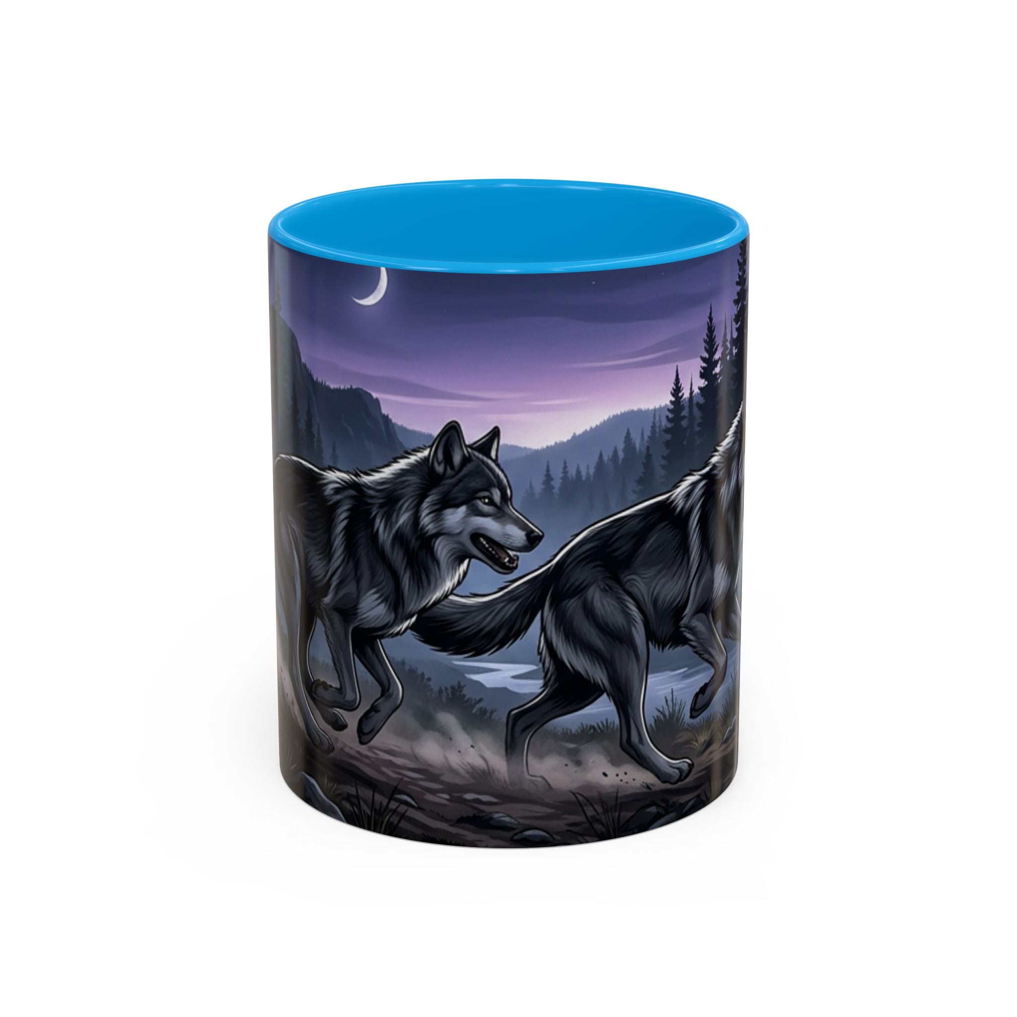 Wolf Pack Nightscape Mug — 11oz/15oz Scenic Black-Interior Coffee Cup