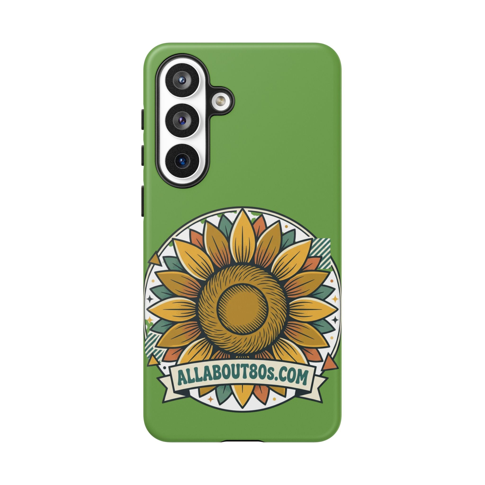 Sunflower Tough Phone Case – Green Floral Protective Case with "AllAbout80s.com" Banner