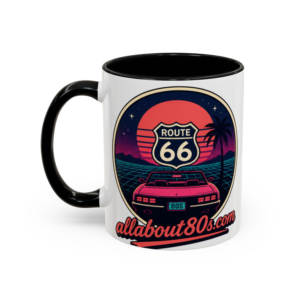 Route 66 Retro 80s Accent Coffee Mug — 'allabout80s' Vintage Sunset Design (11/15oz)
