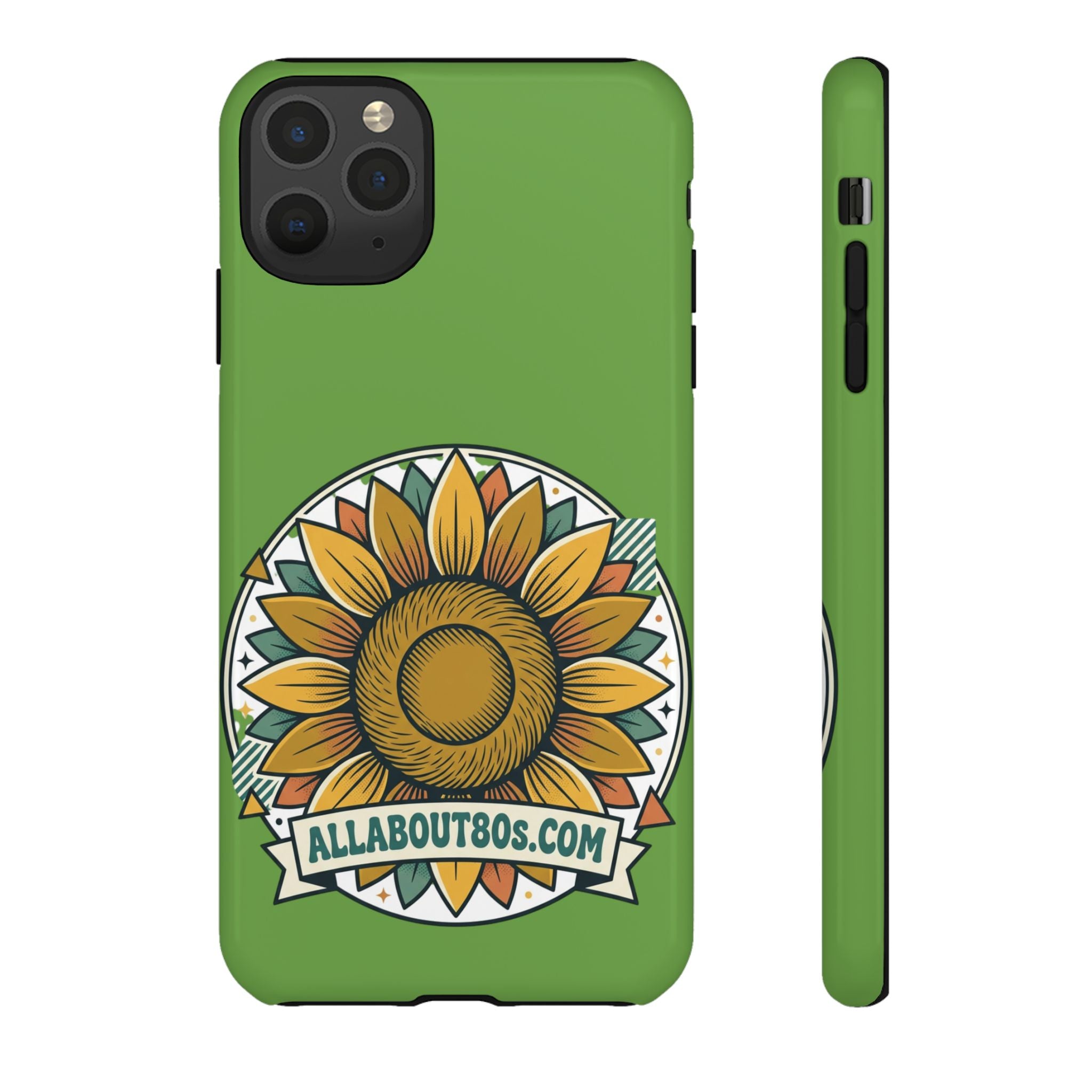 Sunflower Tough Phone Case – Green Floral Protective Case with "AllAbout80s.com" Banner
