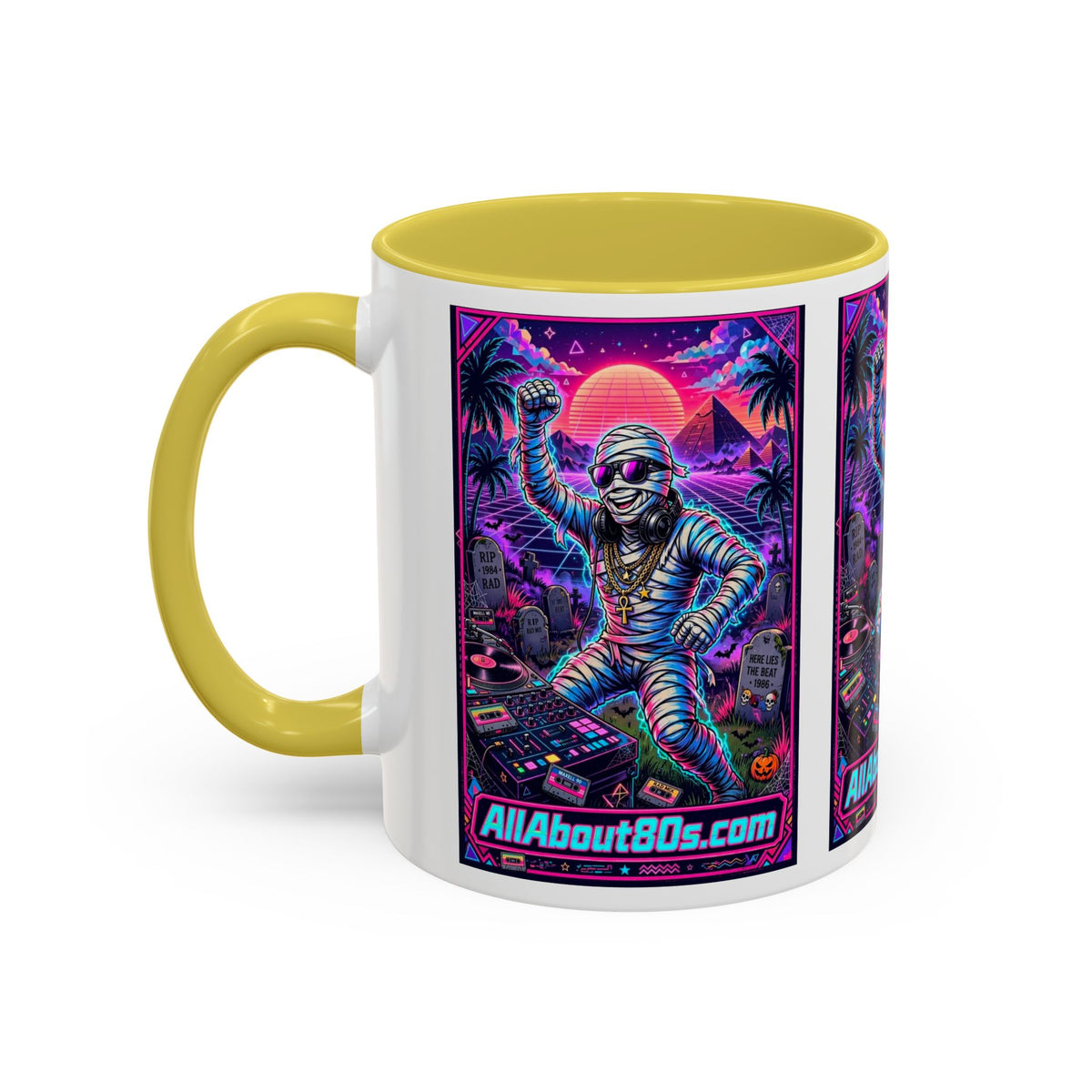 80s Retro Astro Skate Mug — Neon Vaporwave Skeleton Skateboard Coffee Cup (AllAbout80s.com)