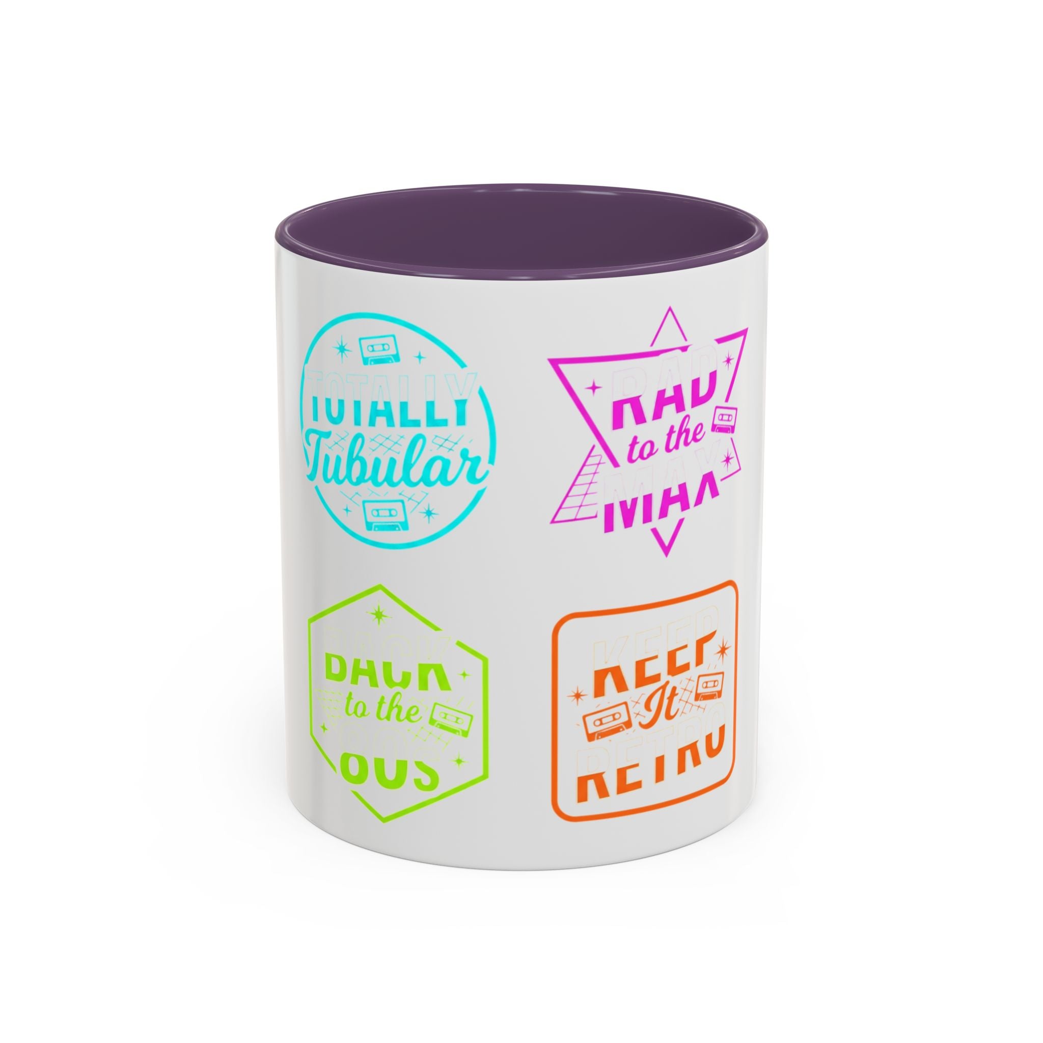Retro Gamer Badge Accent Coffee Mug — Neon 'Totally Tubular' & 80s Gamer Icons (11/15oz)