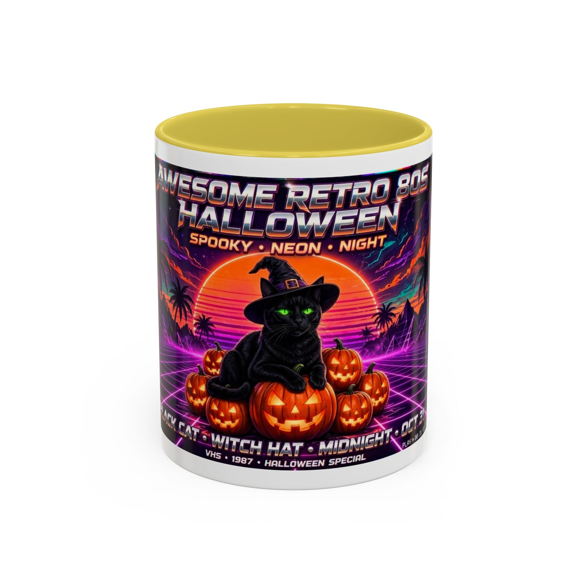 Halloween Retro Cat Mug — Neon 80s Spooky Pumpkin Coffee Cup (11oz/15oz)