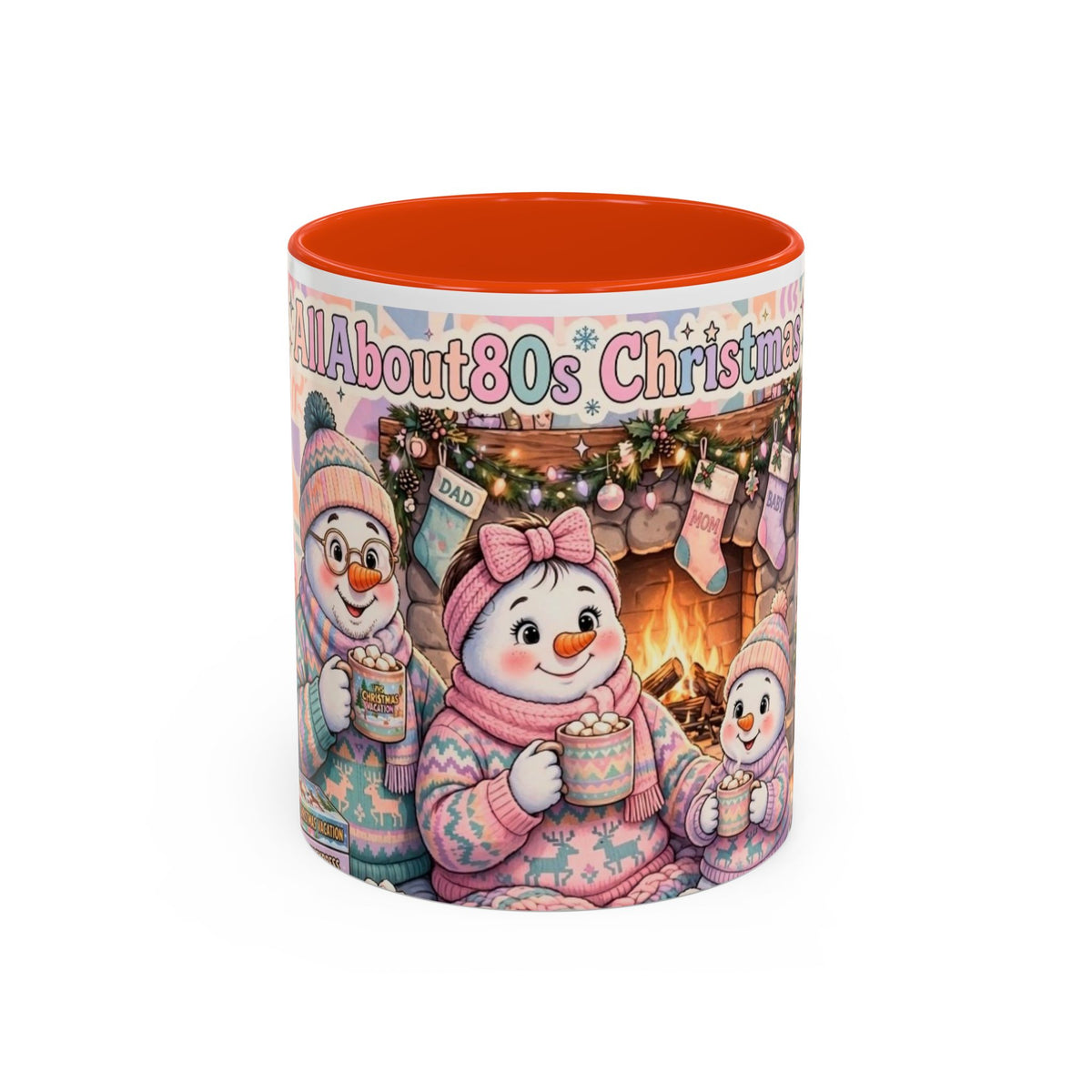Cute Snowman Christmas Mug — 'All About 80s Christmas' Colorful Holiday Coffee Cup (11oz/15oz)