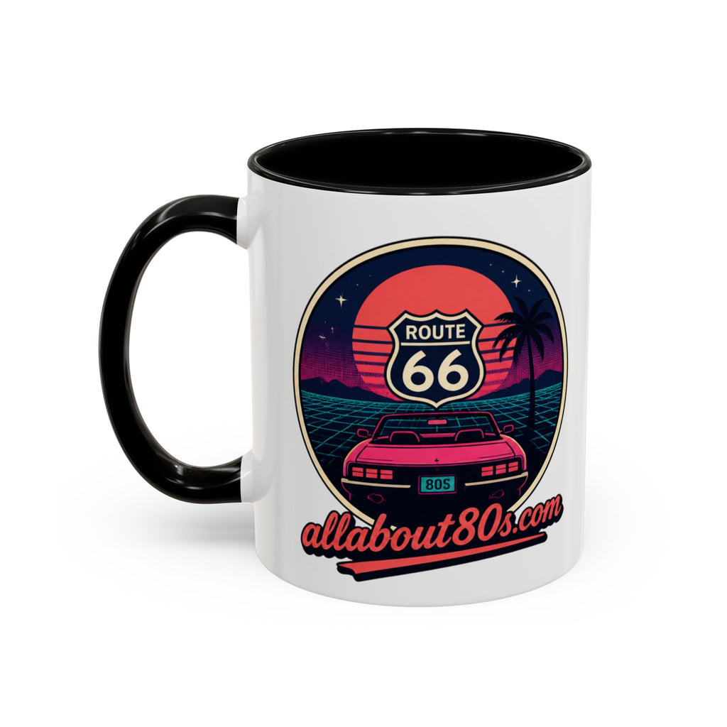 Route 66 Retro 80s Accent Coffee Mug — 'allabout80s' Vintage Sunset Design (11/15oz)