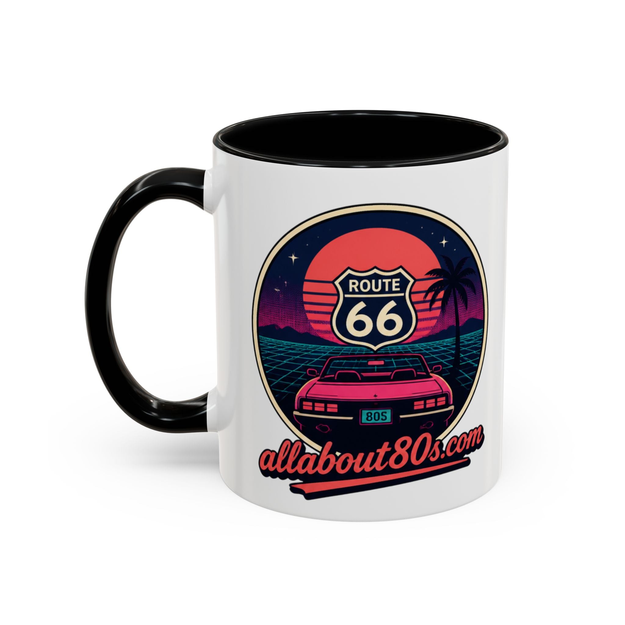 Route 66 Retro 80s Accent Coffee Mug — 'allabout80s' Vintage Sunset Design (11/15oz)