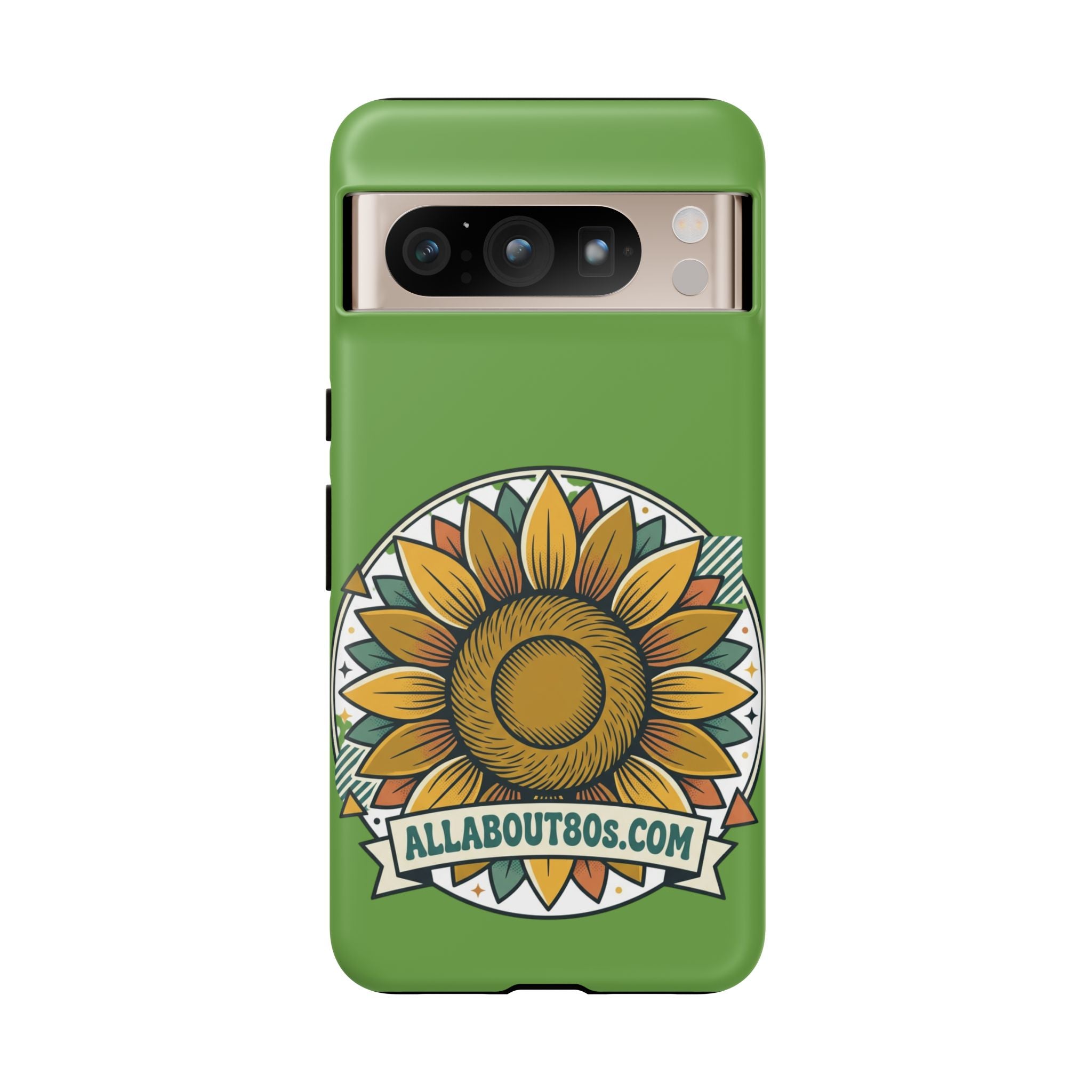 Sunflower Tough Phone Case – Green Floral Protective Case with "AllAbout80s.com" Banner
